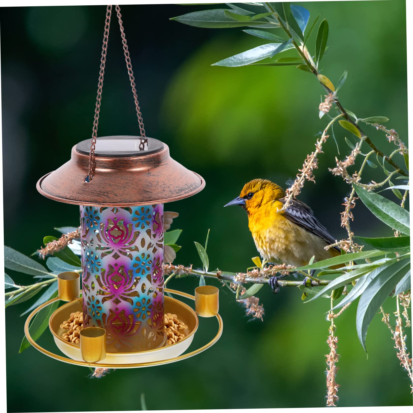 Abaodam Mangiatoia per Uccelli Selvatici in Alimentata Energia Solare Vassoio per Cibo Decorazione da Giardino Luce Solare LED che Si Accende Automaticamente di Notte