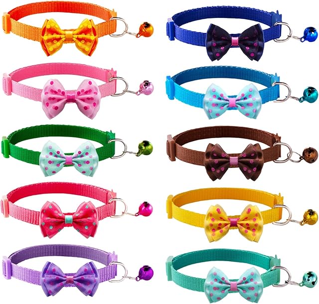 OMIGA 10 Pack Cat Collar with Cat Bow Tie Collars and Bell Adjustable Breakaway Cat Collar Quick Release Safety Collars for Cats Puppy Small Pet (10 Colors)