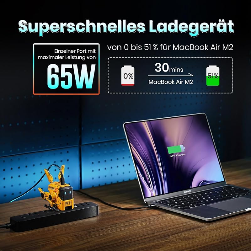 GravaStar Alpha 65W Robot GaN USB-C Töltő - 3 Portos Gyorstöltő iPhone, MacBook, Steam Deck Készülékekhez - Sárga Mecha Dizájn