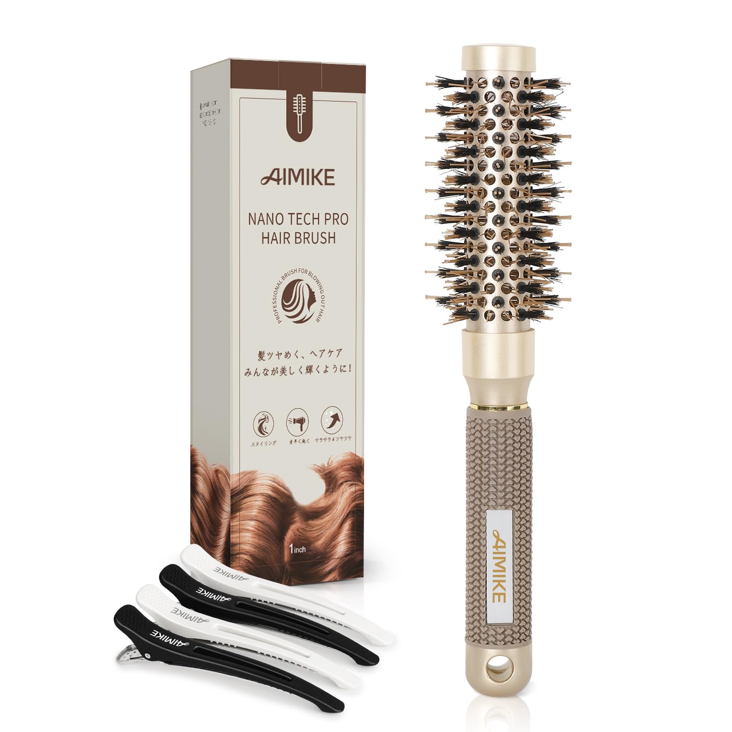 AIMIKE Small Roll Brush Blow Time Reducing Curling Brush for Straightening & Curling Hair Brush Nano Ceramic Ion Technology Round Brush for Bangs Bob Hair Roll Curl Brush Pig Hair + Nylon Round Hair