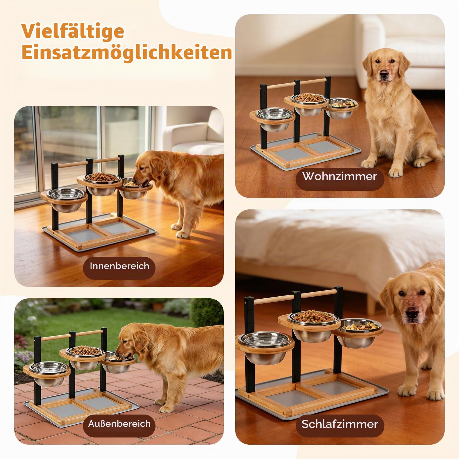 Hundenapf Erhöht, 5 Höhenverstellbar Hundenapf mit 3x1400ml Edelstahlnäpfen | Erhöhter Futternapf für Hunde, Holz Erhöhte Hundenäpfe Hundenapfständer Futternapf Futterstation mittel große