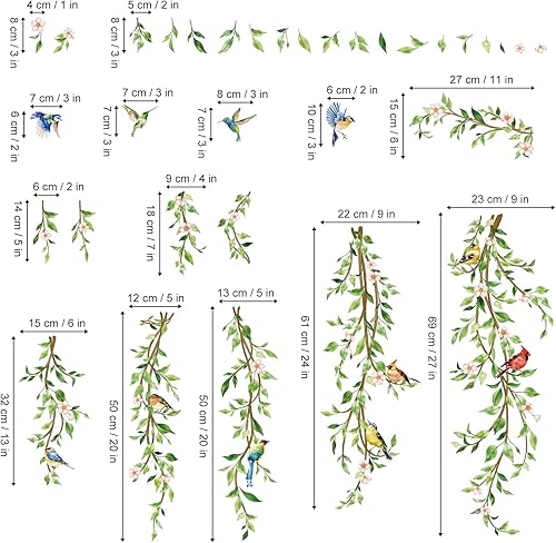 Miniatura 4 de Decalmile Calcomanías Colgantes de Vid de Pared Adhesivos de Hojas Verdes con Pájaros para Dormitorio Sala de Estar Oficina Cocina Decoración de
