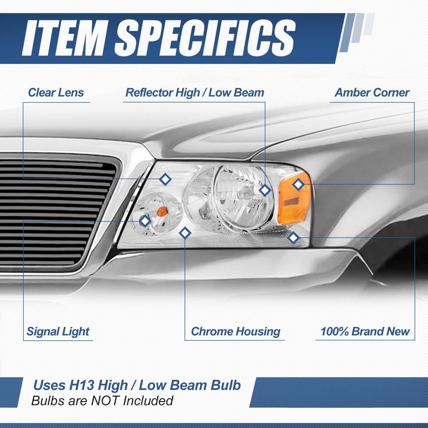 Auto Dynasty Headlights Assembly Compatible with 2004-2008 Ford F-150 Lincoln Mark LT, Driver and Passenger Side Halogen Headlamps Replacement, Chrome Housing Amber Corner