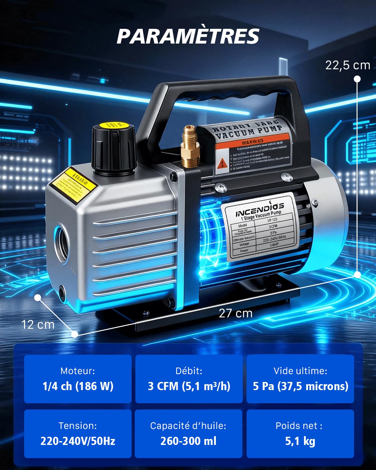 Pompe à Vide 3 CFM 1/4 HP avec Manomètre & Tuyaux pour R12 R22 R502 R134A R404 R407 R452A Kit Pompe à Vide Monostade pour Climatisation Auto, Transformation Alimentaire et Réfrigération Commerciale