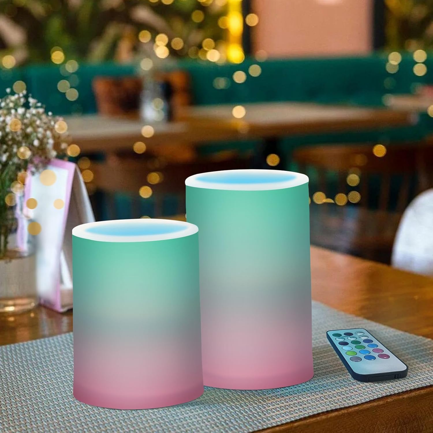 DOMIKING Green Red Gradient Flameless Candles with Remote Control Electric Led Candles with Timer Battery Operated Flickering Tea Light Candles for Outdoor Home Bathroom Desk 2 PCS