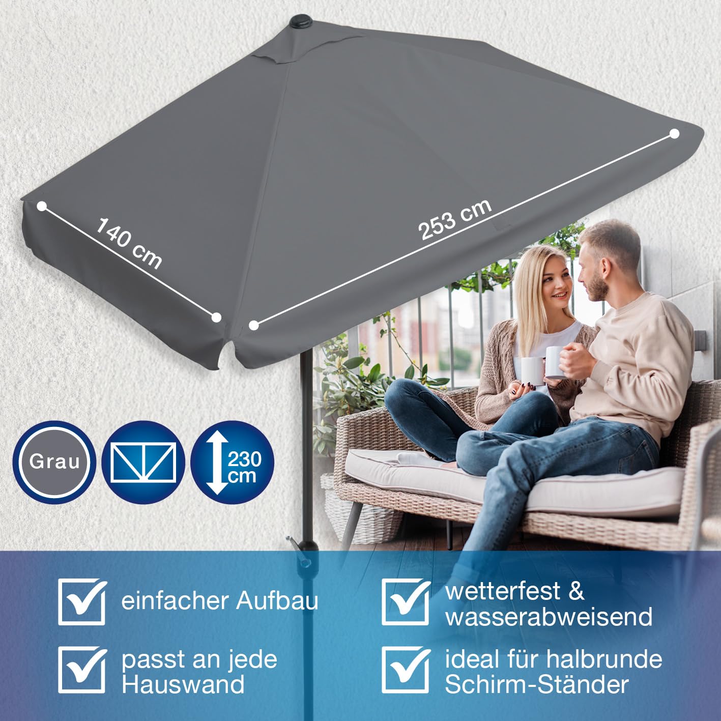 EASYmaxx Sonnenschirm rechteckig | 230 x 140 x 253 cm | für Balkon und Terrasse | passgenau für Wände | mit praktischer Handkurbel und Sonnenschutz UV-Schutz 40+ | spendet Schatten