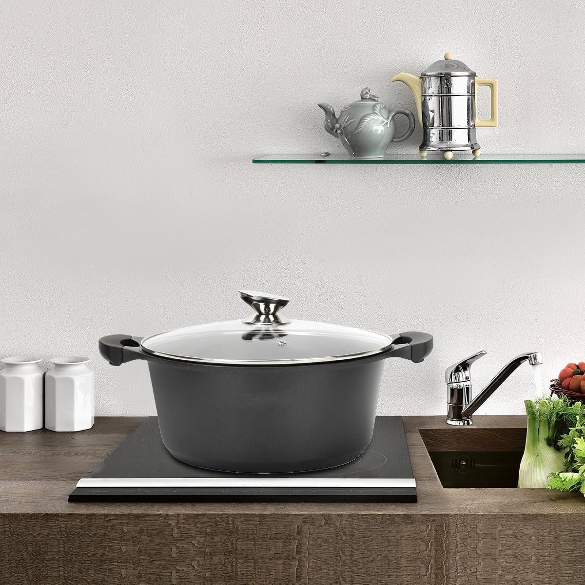 Pentola Tegame Royalty Line in Alluminio con Rivestimento Antiaderente Teflon, Coperchio in Vetro e Acciaio Inox – Adatta a Induzione, Gas, Elettrico, Ceramica e Alogeno (40cm - 19.3L)