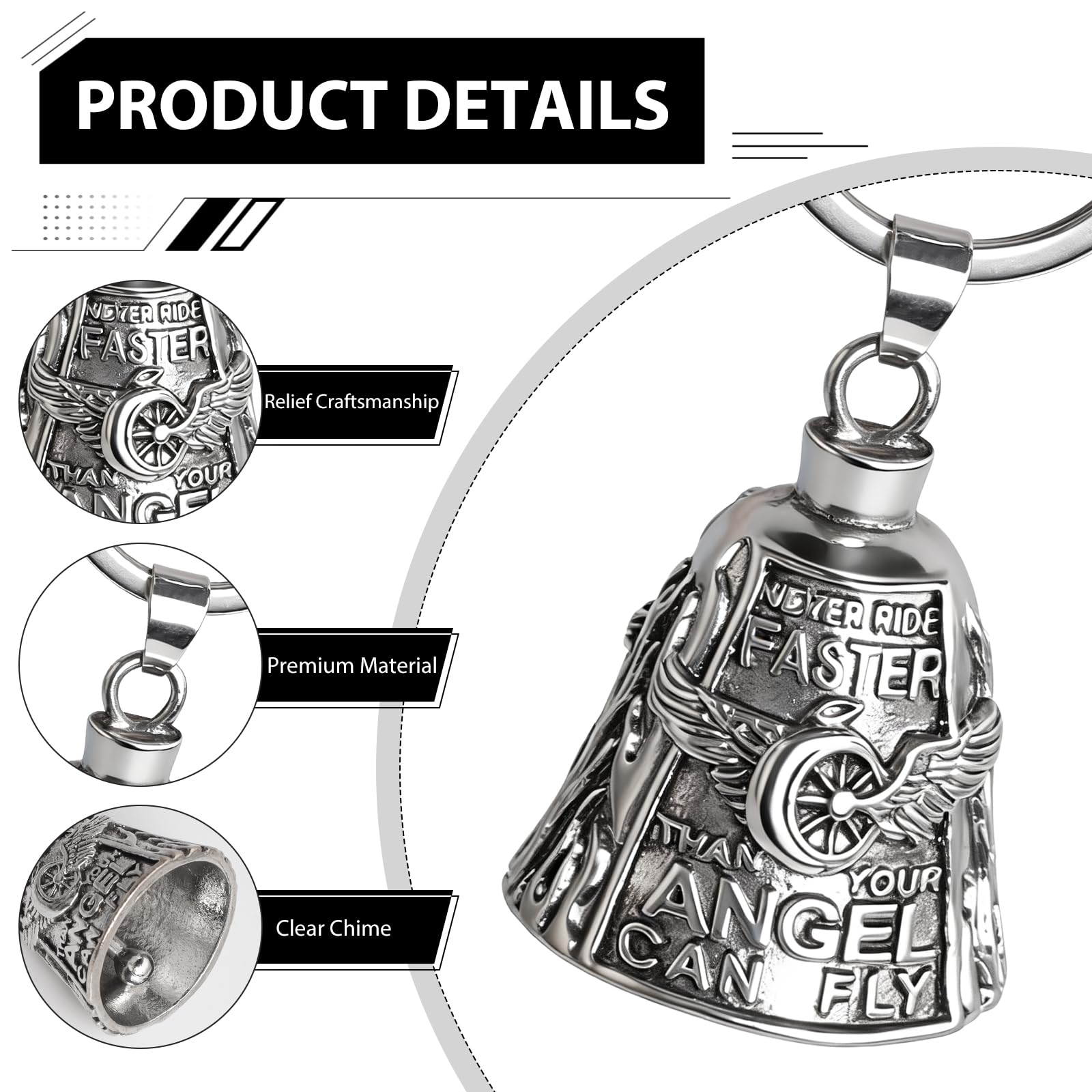 GomTrynxil Guardian Bell Biker Bell, Motorrad Glocke Glücksbringer, Reitglocke Motorrad Glöckchen mit Schlüsselanhänger und Ring, Motorradglocke Schlüsselanhänger Personalisiert Pendant mit Beutel - 3