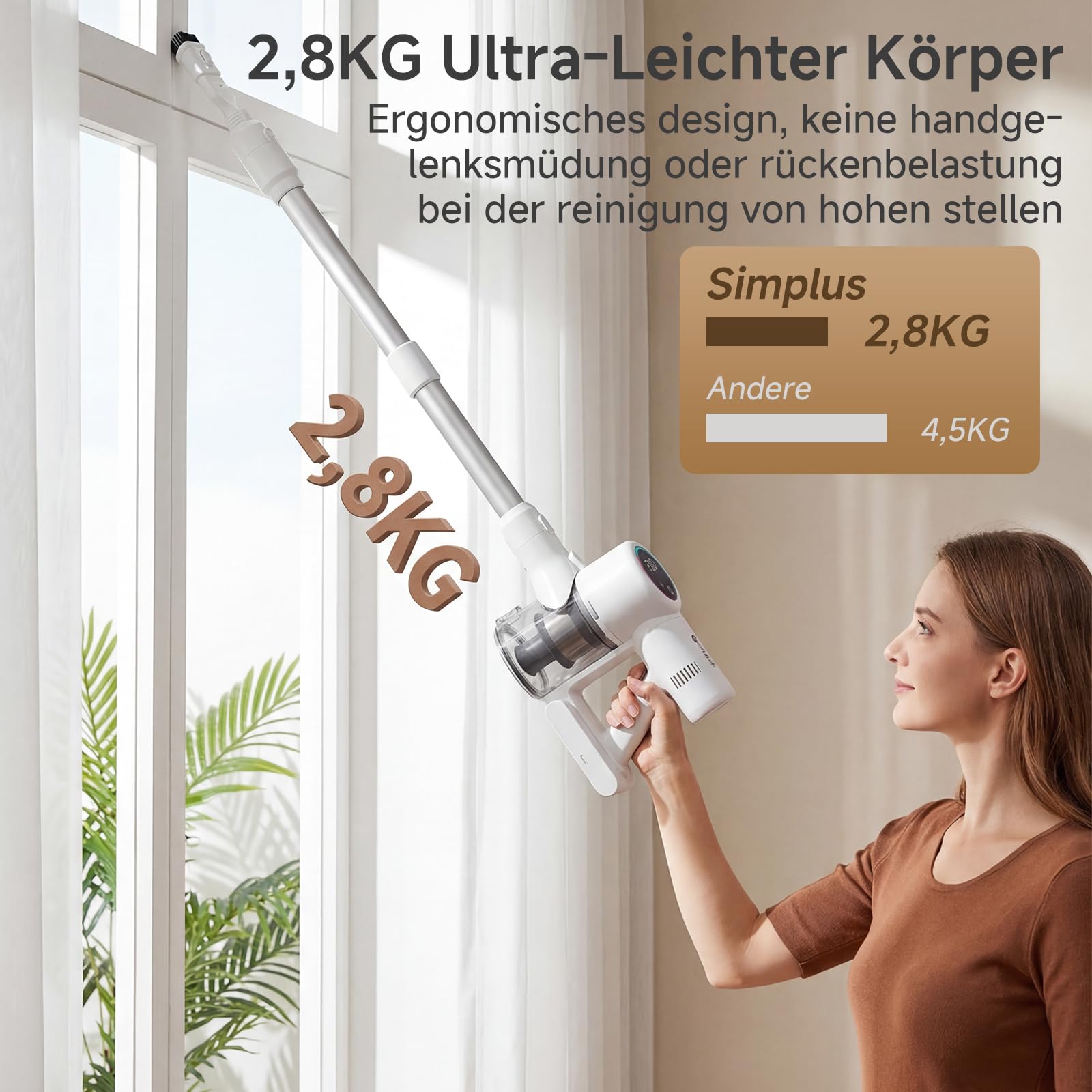 SIMPLUS Akku Staubsauger 22000Pa, 3-Stufen Saugkraft, LED-Display, 5-Fach Filterung, 40 Min Laufzeit, 0.7L Staubbehälter, mit LED-Bodenbürste & Wandhalterung, für Tierhaare/Teppiche/Hartböden