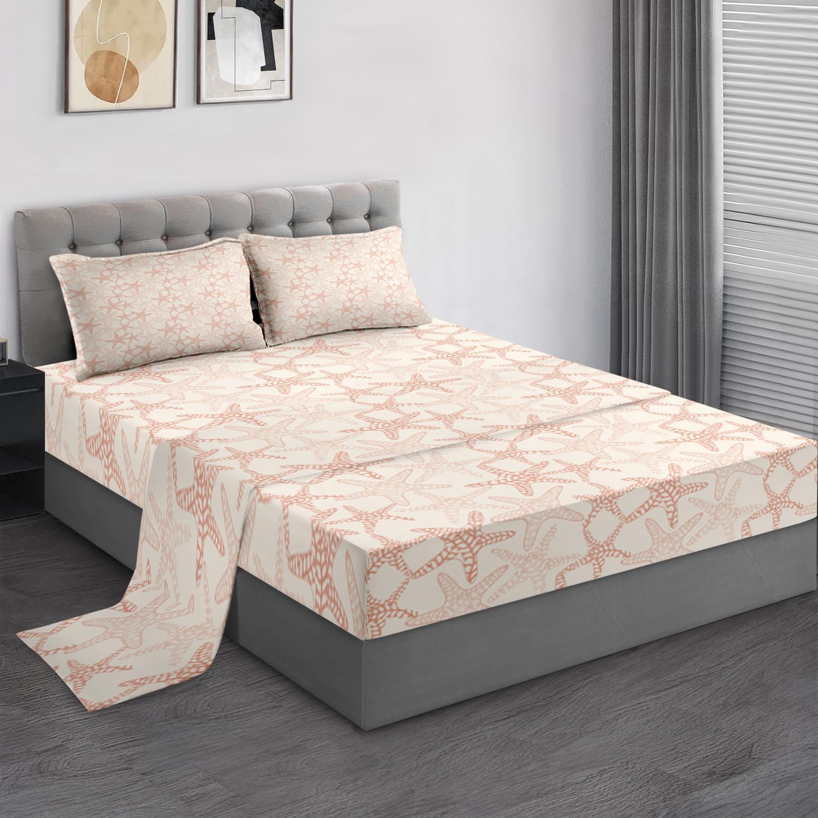 Pamnest Full Size Bed Sheet Sets, Coral Starfish Sea Soft Microfiber 4 Pcs Bedding Sets for Kids and Adults Bedroom Bed Decor, Colorful Beach Seashell Flat, Fitted Sheet and 2 Pillowcases