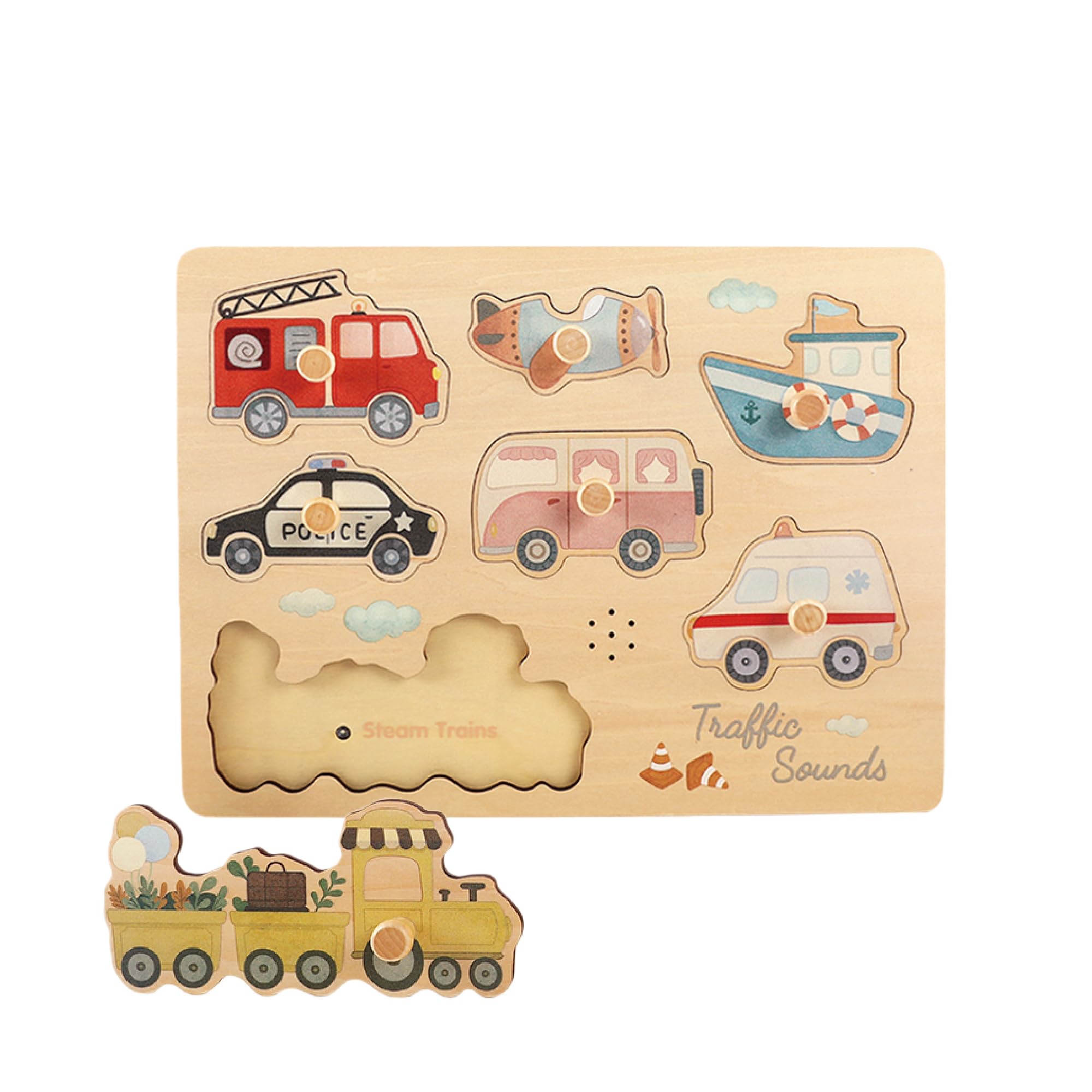 WoddyGo Vehicle Sound Puzzle for Toddlers, Wooden Transport Peg Puzzle with Realistic Noises, Montessori Educational Toy for 18 Months+, Early Years Development Toy