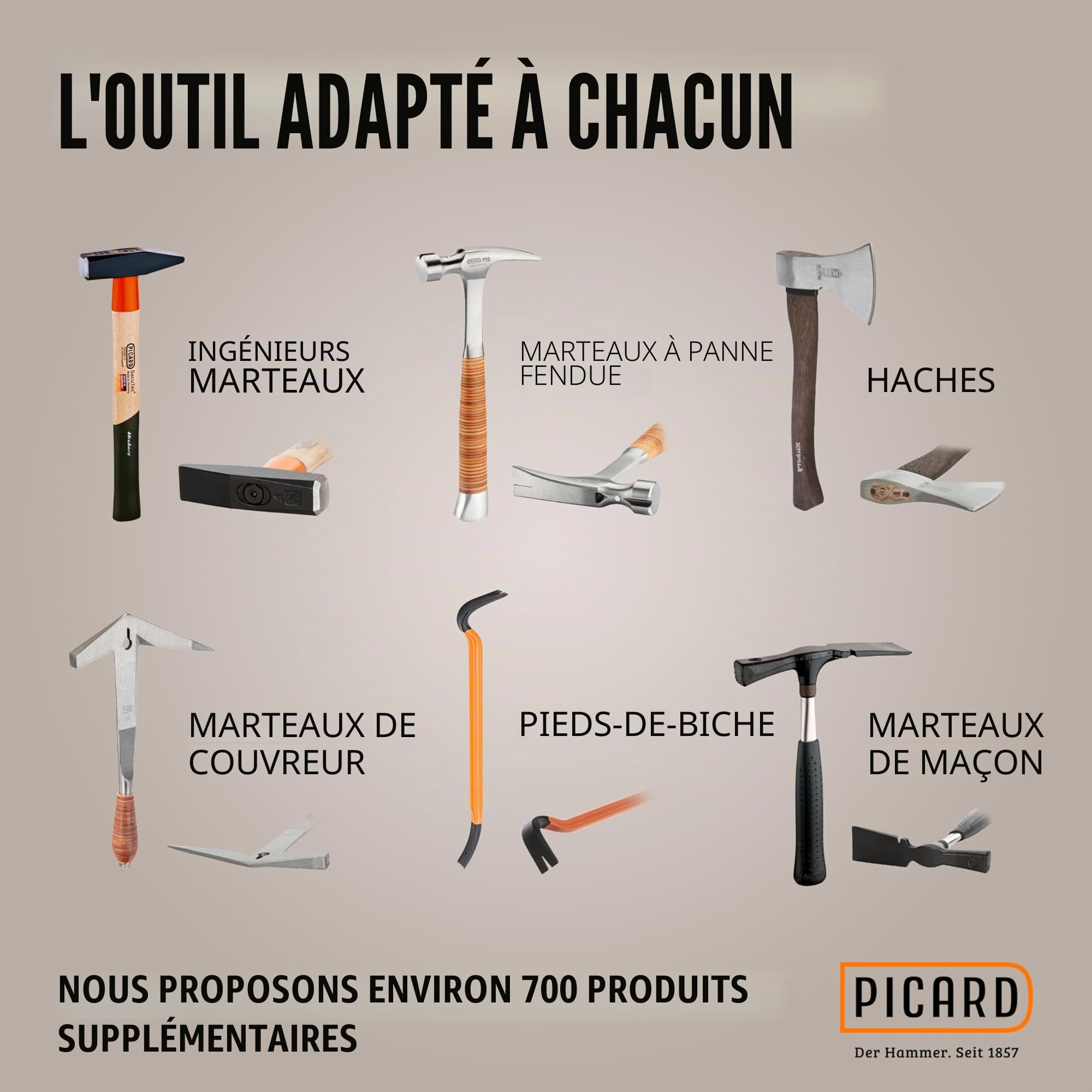 PICARD marteau de charpentier strié AluTec®, no. 1095 | Marteau arrache-clou professionnel | Léger & puissant | Ergonomique & anti-vibrations | Hammer hybride aluminium & acier forgé