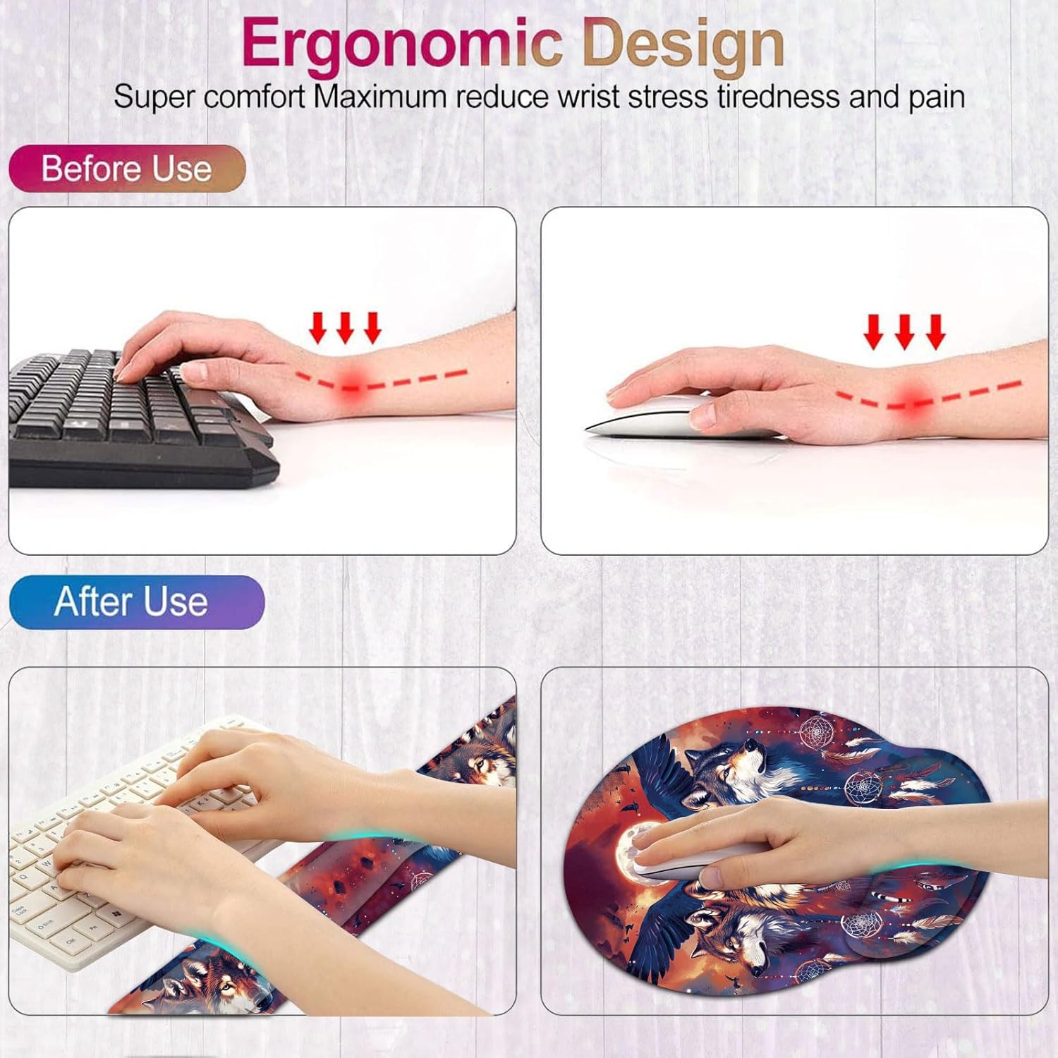 Keyboard Wrist Rest and Mouse Wrist Rest Pad with Coffee Coaster, Non Slip PU Base Wrist Support with Ergonomic Raised Memory Foam for Easy Typing & Pain Relief,Wolf Moon Eagle