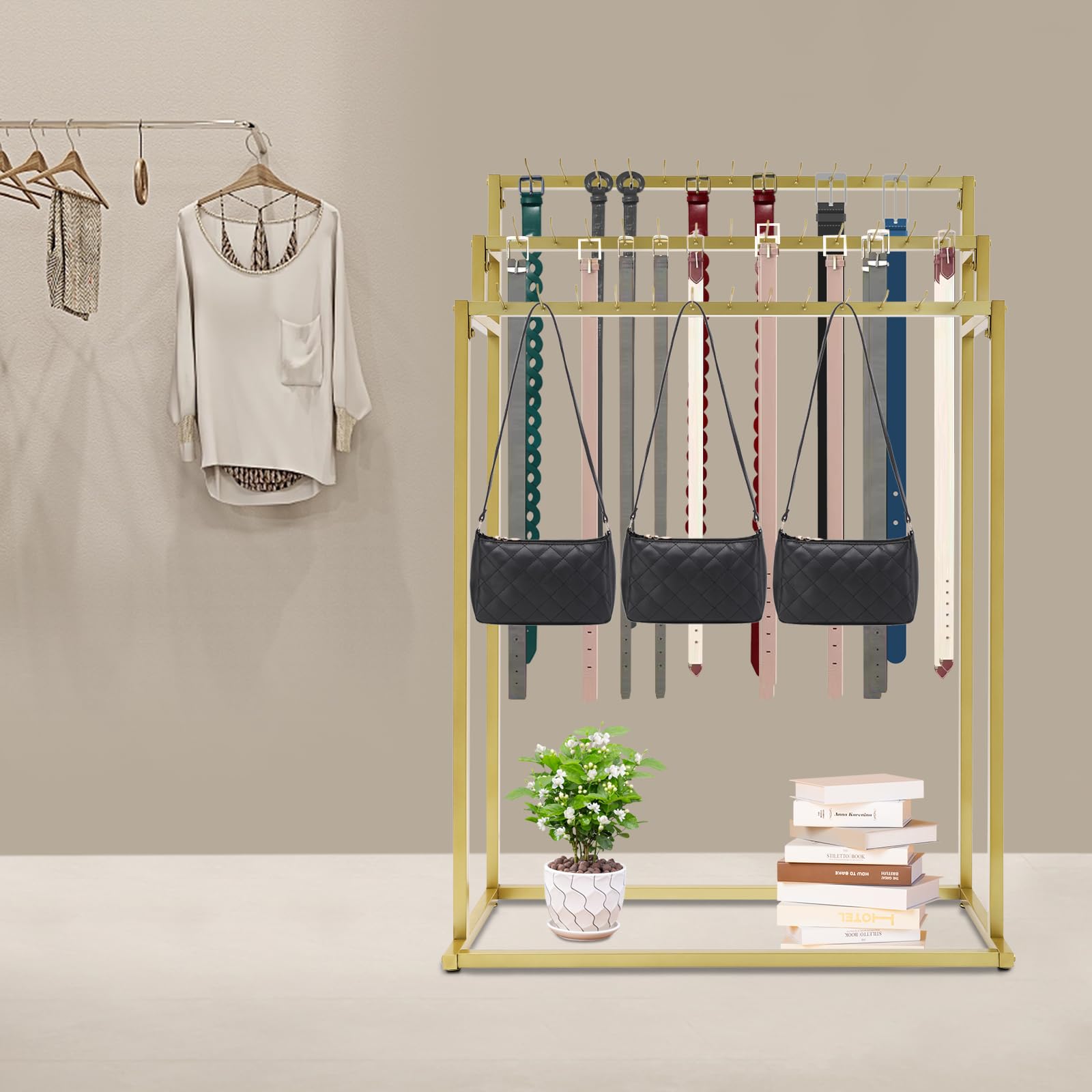 FFanhia Floor Mounted Belt Rack 3 Tier Retail Belt Display Rack 39 Hooks Ties Hanger Organizer Purse Shelf for Clothing Retail/Home(Gold)