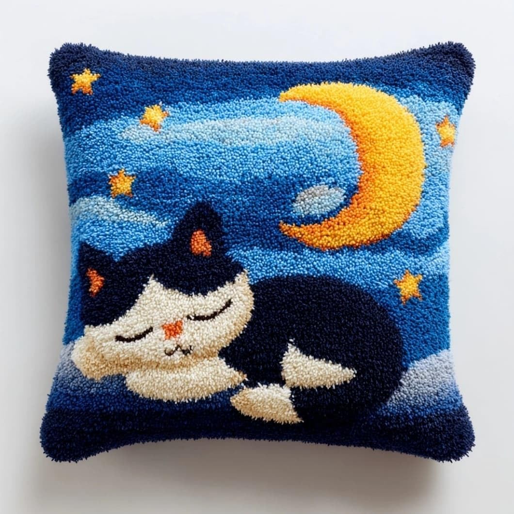 Taxpy Latch Hook Cushion Kit for Beginners Starry Sky Moon Cat