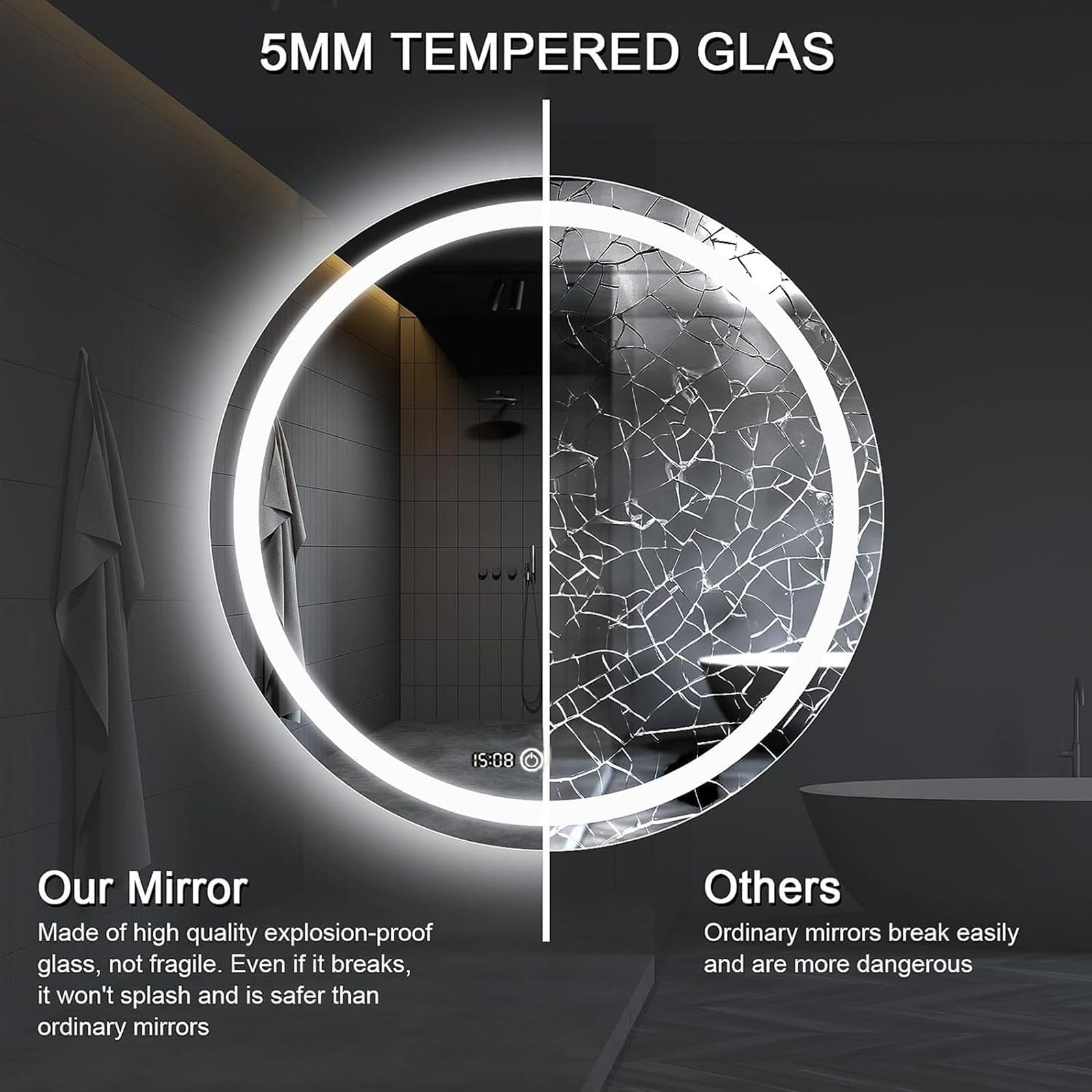Specchio Bagno LED, Espejo De Baño Circular, 50cm Specchio Bagno Illuminato a LED, Illuminazione Dello Specchio Del Bagno Para Baño Tener Interruptor De Doble Toque, Eliminación De Niebla (Luz Blanca)