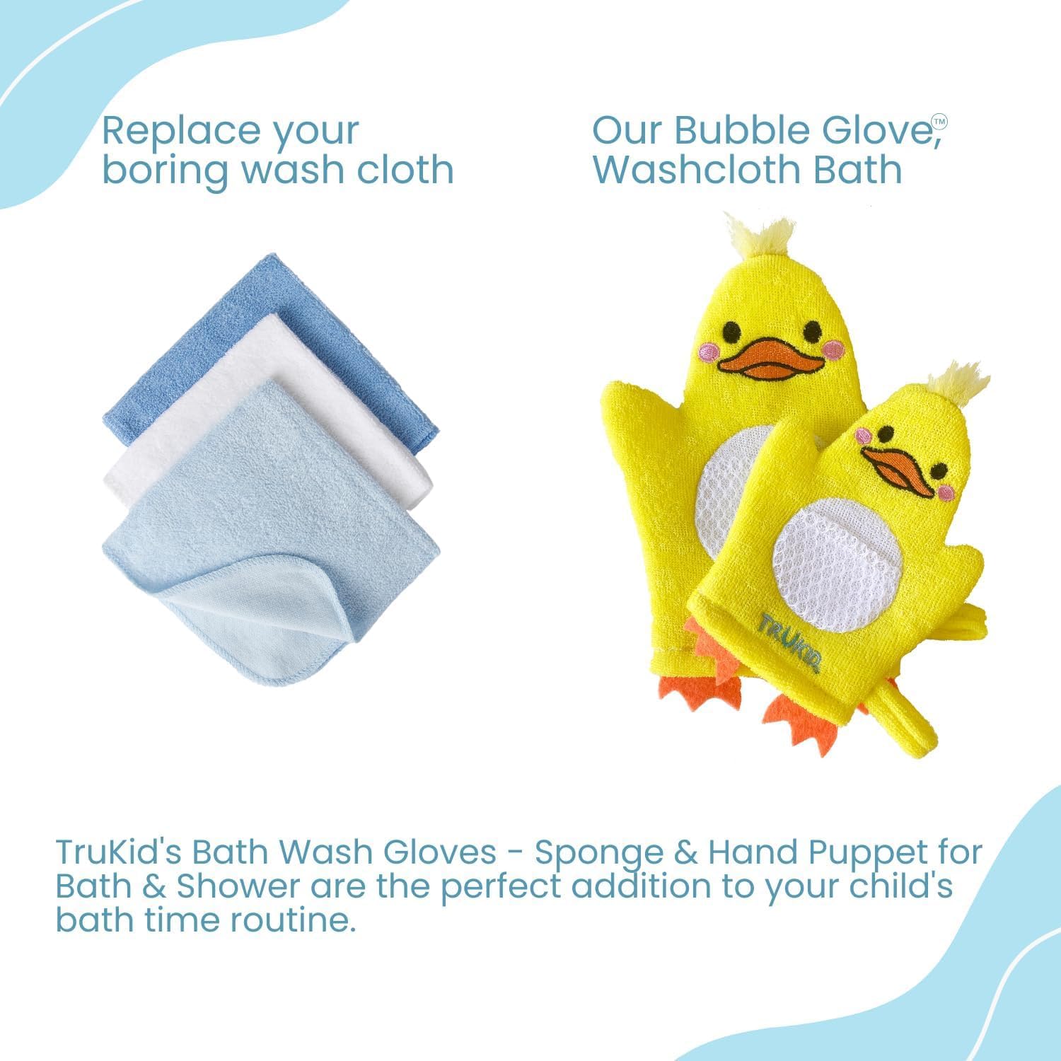 TruKid BubbleGlove, Bath Wash Gloves-Sponge - Hand Puppet for Kids & Toddler, Bath Sponge & Baby Washcloth Mitt for Kids & Adults, Body Scrubber for Mommy & Me - Duck Set of 2