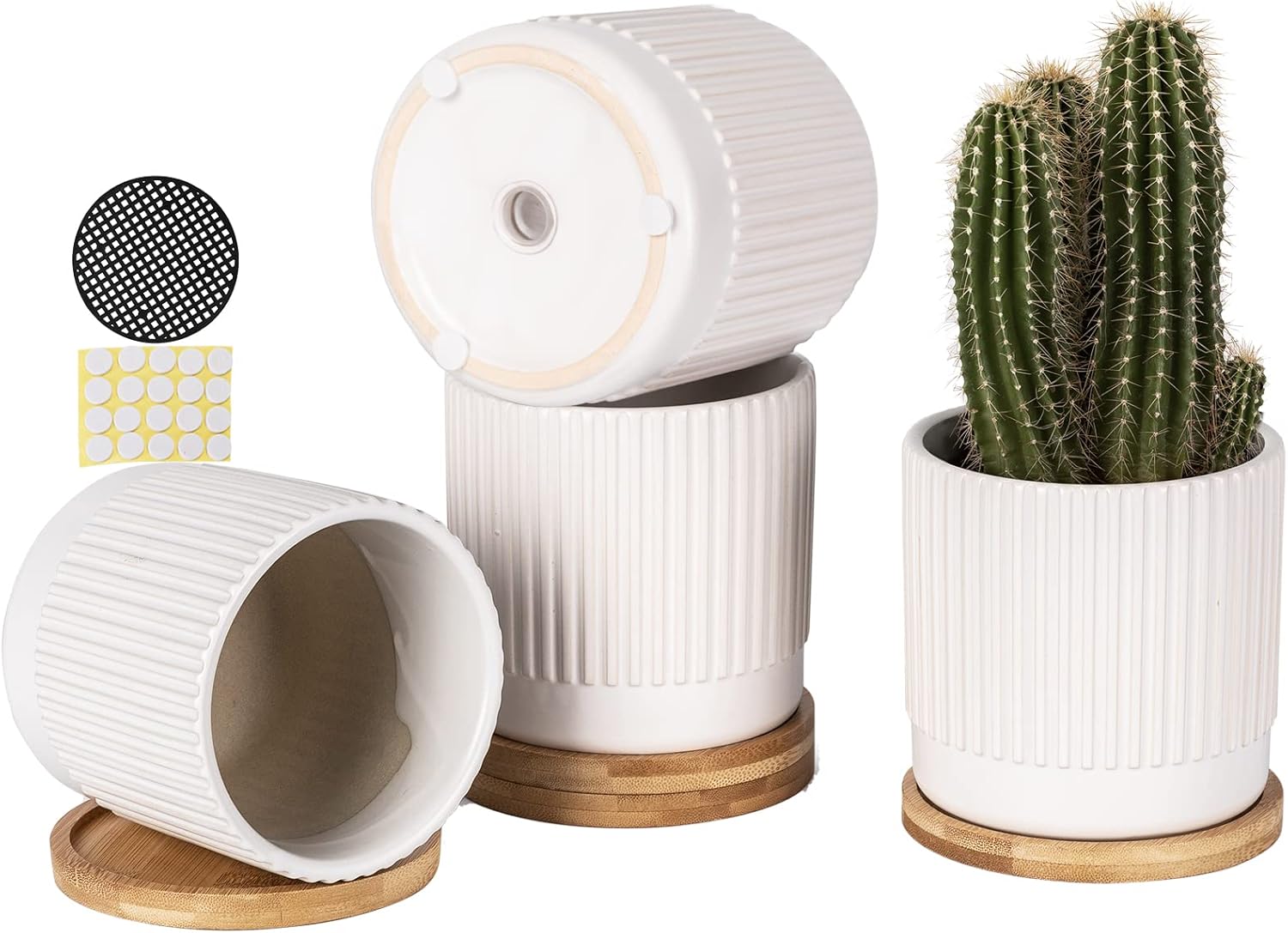 TAMAYKIM 4.25 Inch Cylinder Ceramic Succulent Planters, Vertical Striped Modern Small Plant Pots with Drainage Holes and Saucer for Aloe, Snake Plants, Cactus & Herbs, Indoor Decor. Set of 4