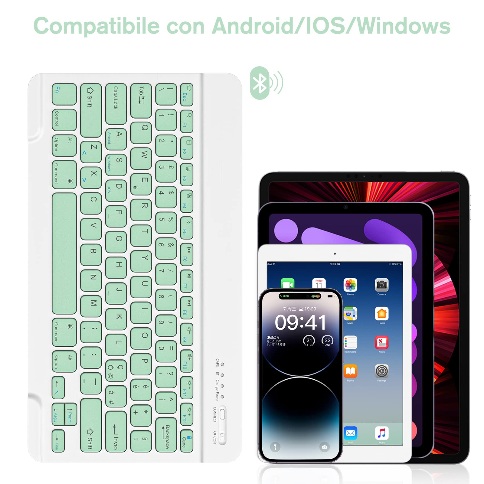 HZD Tastiera Wireless Bluetooth, Rechargeable Universale, per Tablet Samsung/IOS/Android/Windows/Telefoni, Layout Italiano QWERTY, Ultra Sottile, Piccola