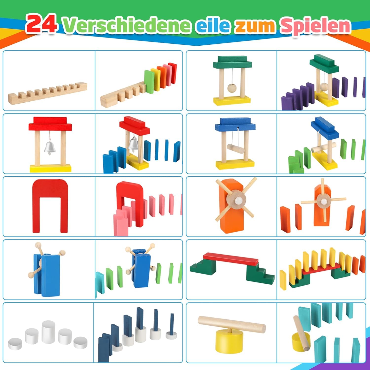 Herefun Domino Madera Juego de Bloques, Juego de Fichas de Dominó de Madera con Bolsa, 24 Bloques de Construcción, Juguete Educativo para Niños 3 4 5 (300)