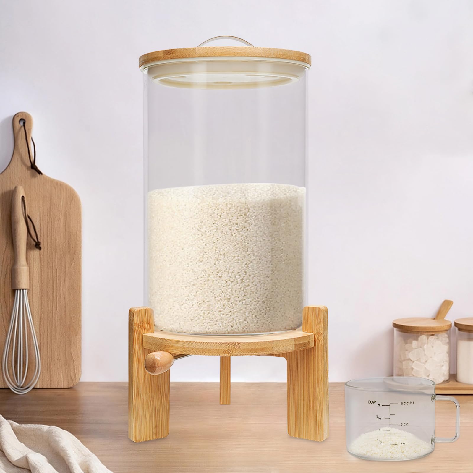 Wieloziarnisty słoik do przechowywania, 7,5 l, szklany pojemnik na zboża, dozownik ryżu 20 × 30 cm, nadaje się do przechowywania ryżu, mąki, orzechów, ziaren kawy, zbóż
