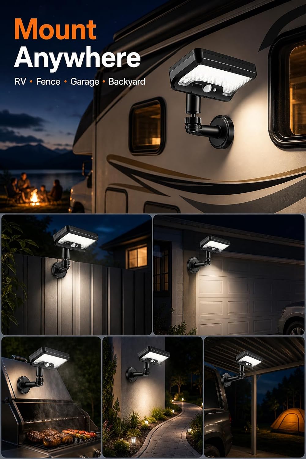 Magnetic Solar Lights Outdoor, 2 Pack RV Exterior Solar Motion Sensor Lights with Remote Control, 3-Color Temp, 92LEDs 600LM, 360° Rotatable Head, IP65 Waterproof for Camper Garden Fence
