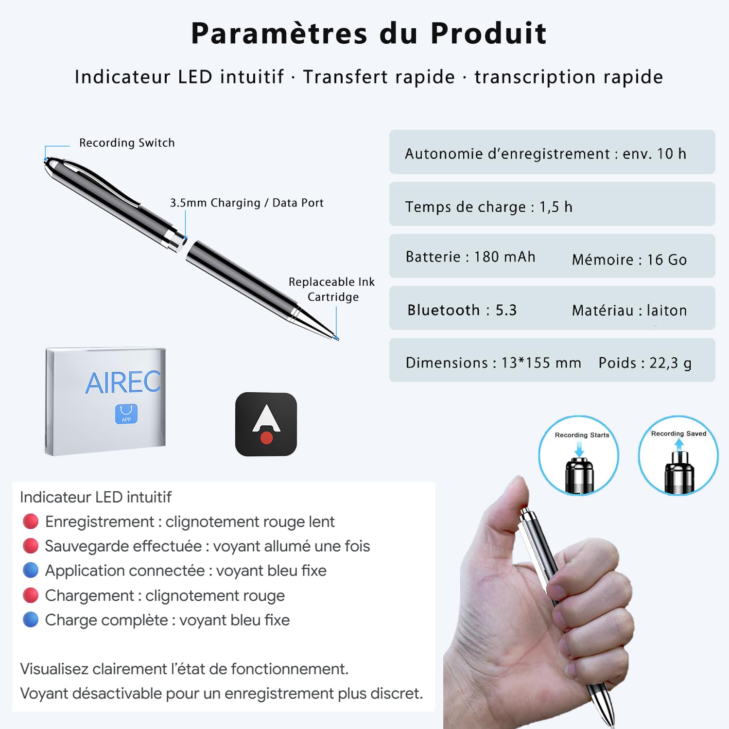 Stylo dictaphone avec Transcription Via Application, Micro 360°, Enregistrement 1 clic, Traduction en Temps réel, Batterie 10 h, mémoire 16 Go, pour réunions, Cours et entretiens