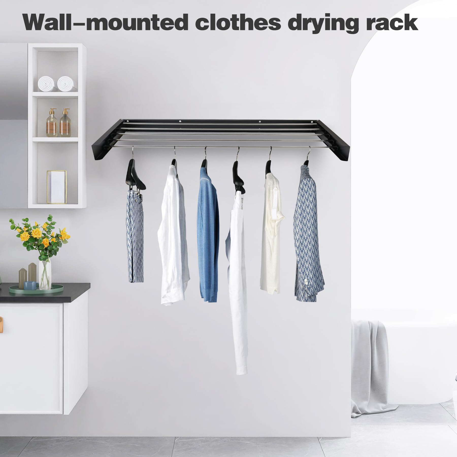 Étendoir à linge mural extensible - 80 cm - En acier inoxydable - Pliable - Noir - Charge maximale de 50 kg - Pour balcon intérieur et extérieur