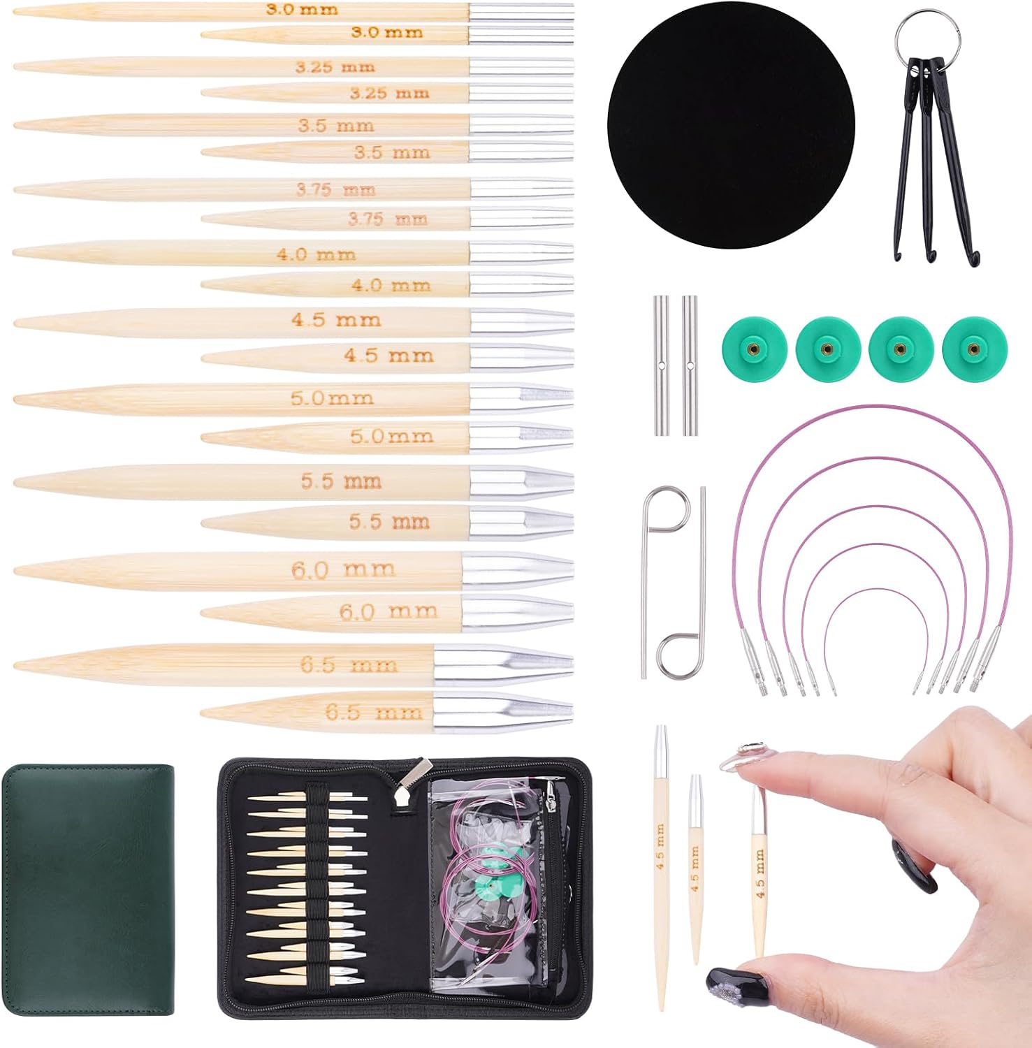 BsHooker Circular Knitting Needles Set with Case,10 Pairs Interchangeable Bamboo Knitting Needles with 5 Flexible Cables 3mm-6.5mm,Short Circular Needles 38Pcs