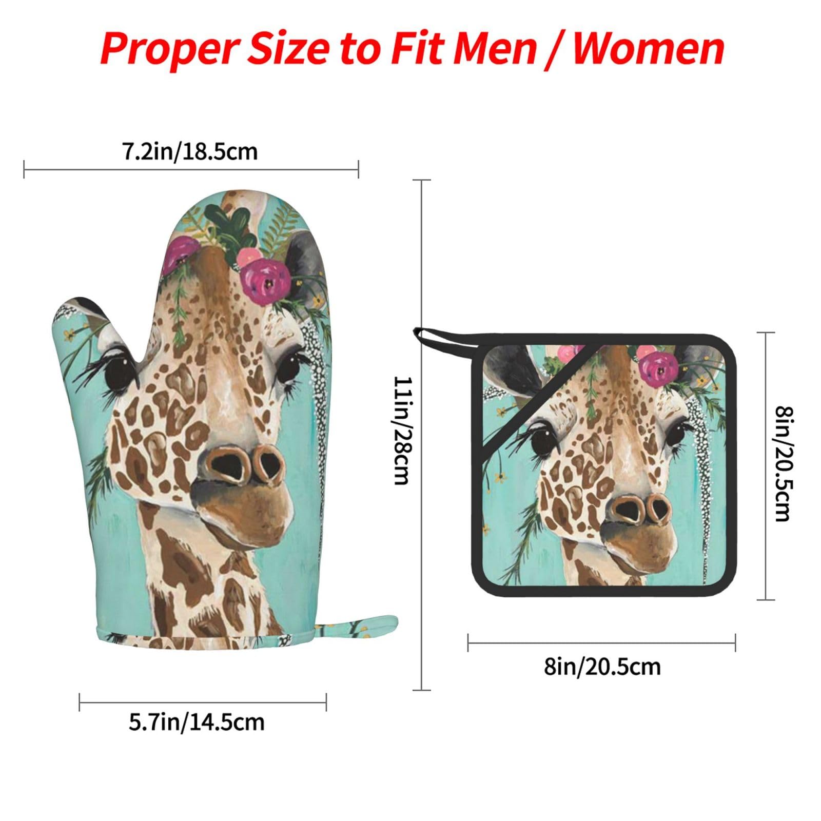 Giraffe mit Blumen,4er-Set Ofenhandschuhe und Topflappen, rutschfeste Küchenhandschuhe, hitzebeständige Ofenhandschuhe