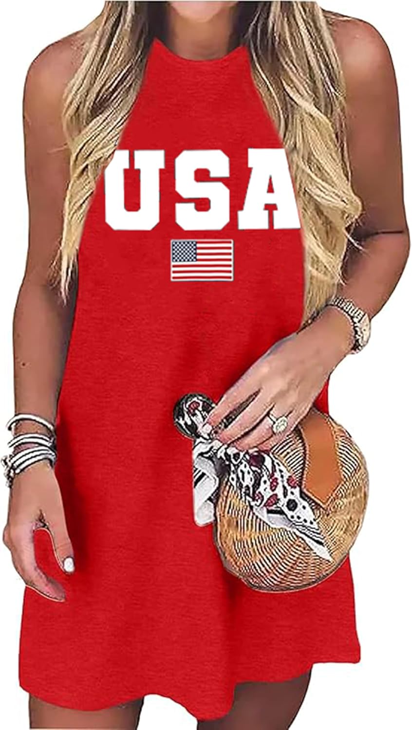 American Flag Tank Dress for Women 4th of July Patriotic Graphic Sleeveless Mini Dress Casual Vacation Short Dresses(Red, Medium