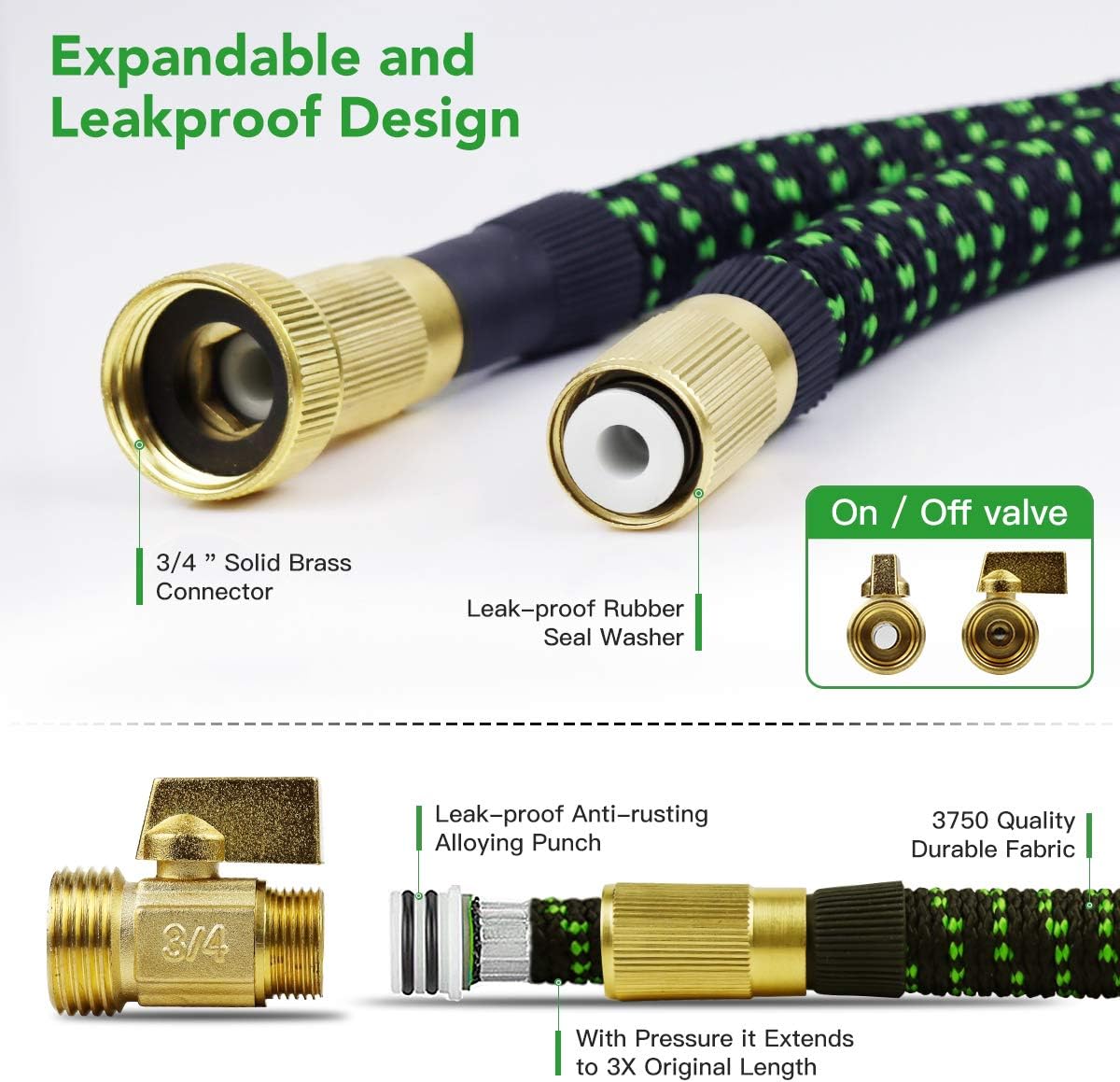 50Ft Expandable Garden Hose,Lightweight Water Hose with 10 Function Nozzle, Leak-proof 3-Layers Latex & Durable 3750D Fabric , with 3/4" Solid Brass Fittings