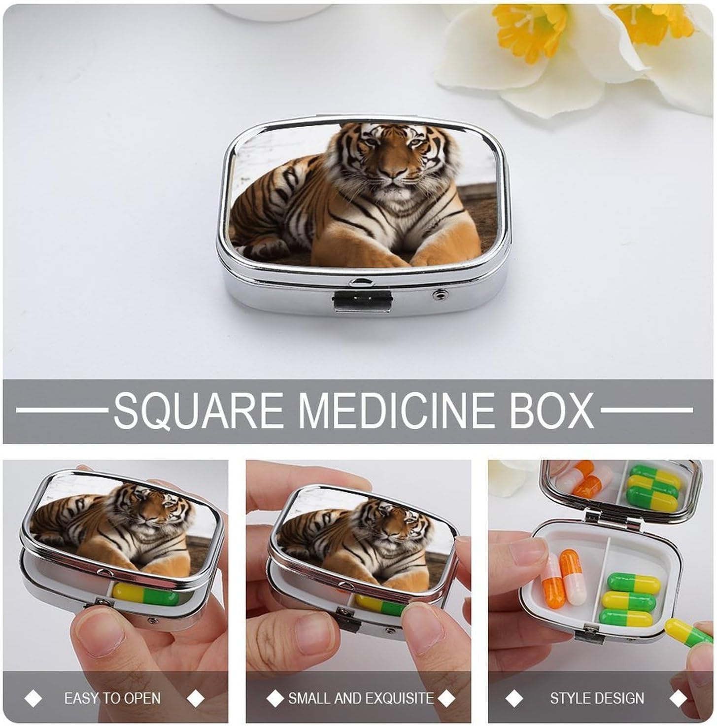 Big Tiger Square Pill Case, Metal Pill Organizer image 4