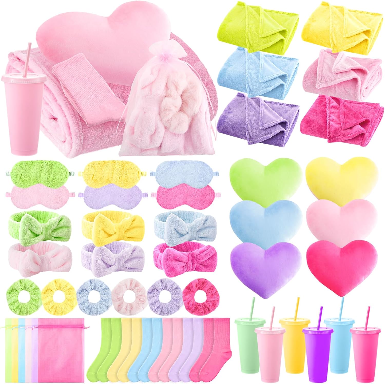 48 Pcs Sleepover Party Supplies Spa Birthday Slumber Party Favors 6 Throw Blanket 6 Headband 6 Heart Pillow 6 Scrunchies 6 Sleep Eye Mask 6 Organza Bag 6 Straw Cup 6 Pair Socks(Pink)