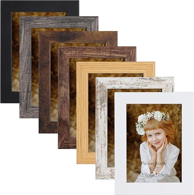 Vasemouh 7x5 Photo Frames, Tabletop Display and Wall Hanging,5x7 Picture Frame in 7 Colours,Wooden Picture Frames with Glass,Pack of 7