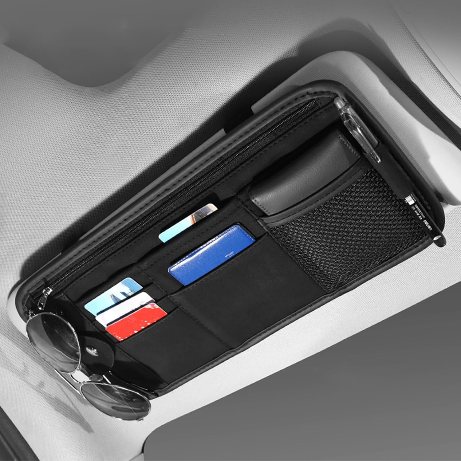 NERDUIX Car Sun Visor Organizer for Audi Q2/Q2L/Q3/Q4/Q5/Q6/Q7/Q8/R8 with Multiple Pockets and Elastic Straps for Secure Interior Storage,normal-Black