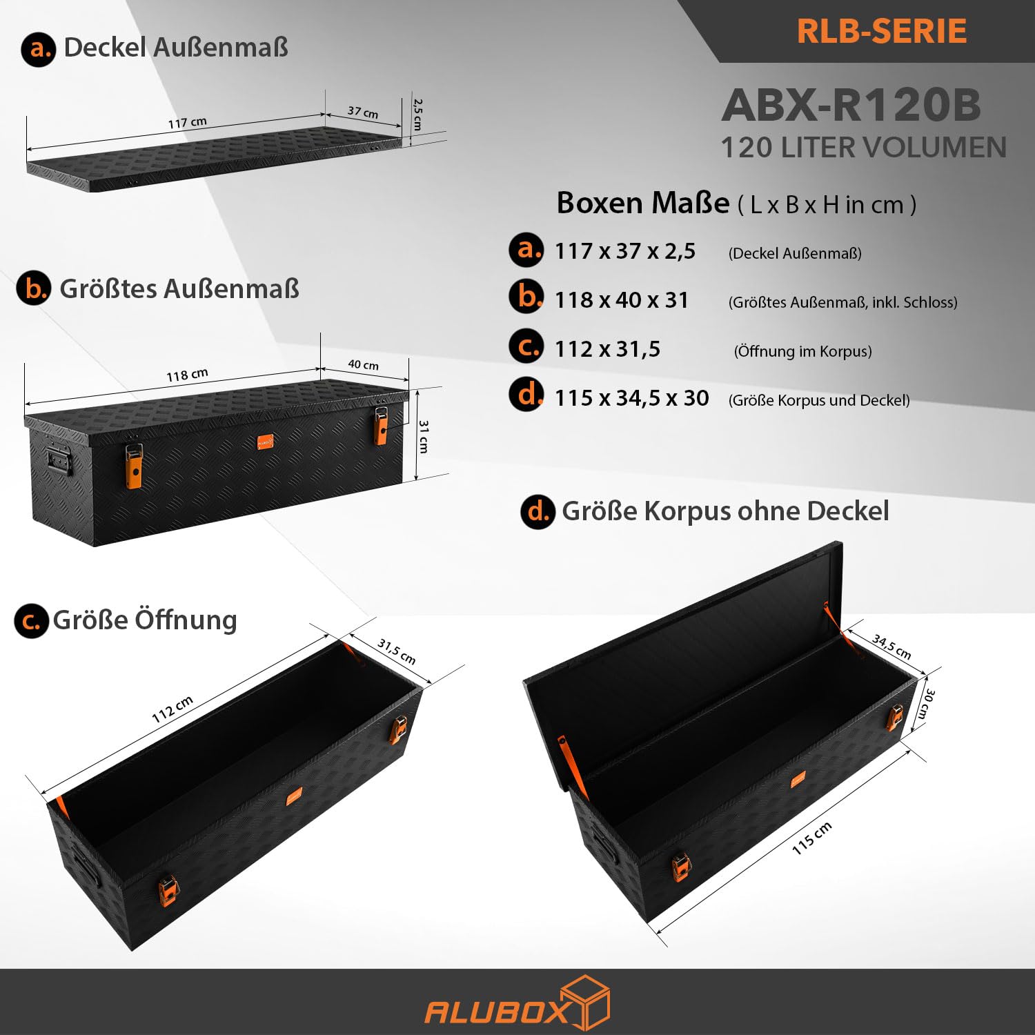 alubox Werkzeugkiste Riffelblech ABX-RL120B Aluminium 1,5mm Werkzeugkiste leicht und robust 120 Liter - schwarz lackiert
