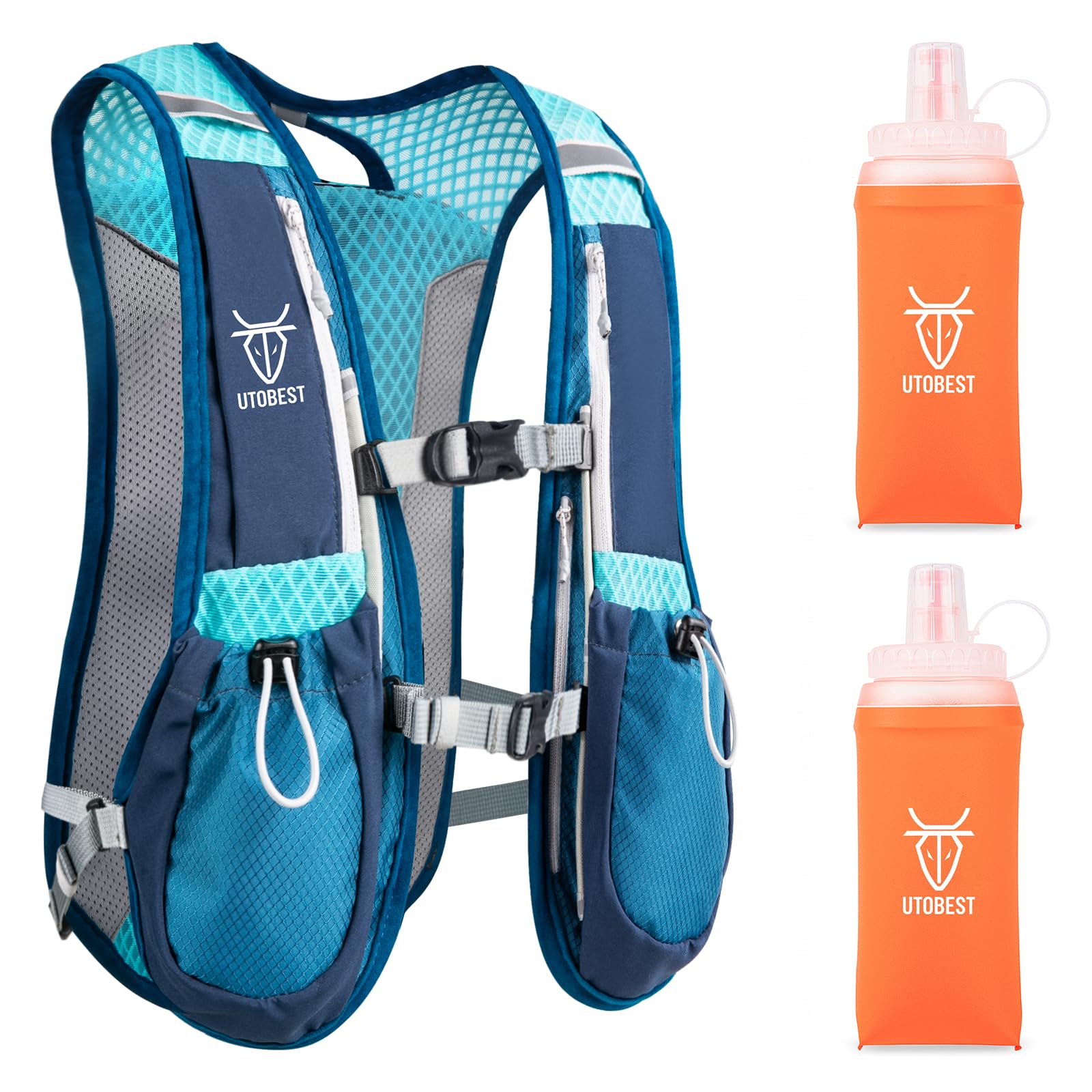 UTOBEST Running Vest Running Backpacks Lightweight Adjustable Hydration Pack 5L for Men & Women, Blue, with 2*350ml Bottles