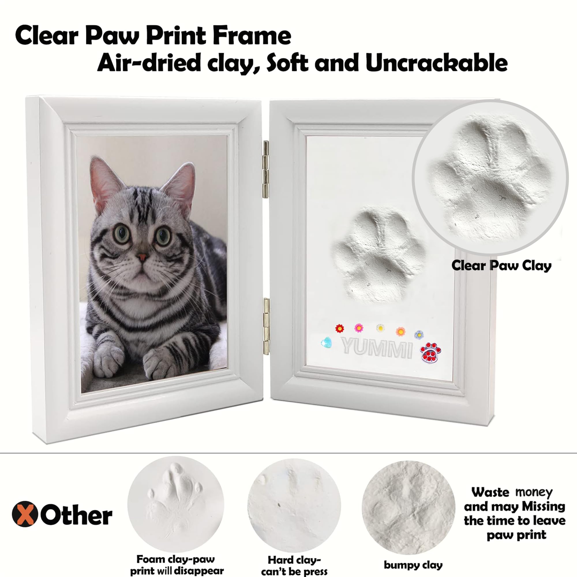 MYPAWLETS Zestaw odcisk łapy psa lub kota z ozdobami, zestaw nadruku łapy zwierząt domowych z 2 glinami, drewniana ramka na zdjęcia psa, spersonalizowana pamiątka dla miłośników zwierząt domowych