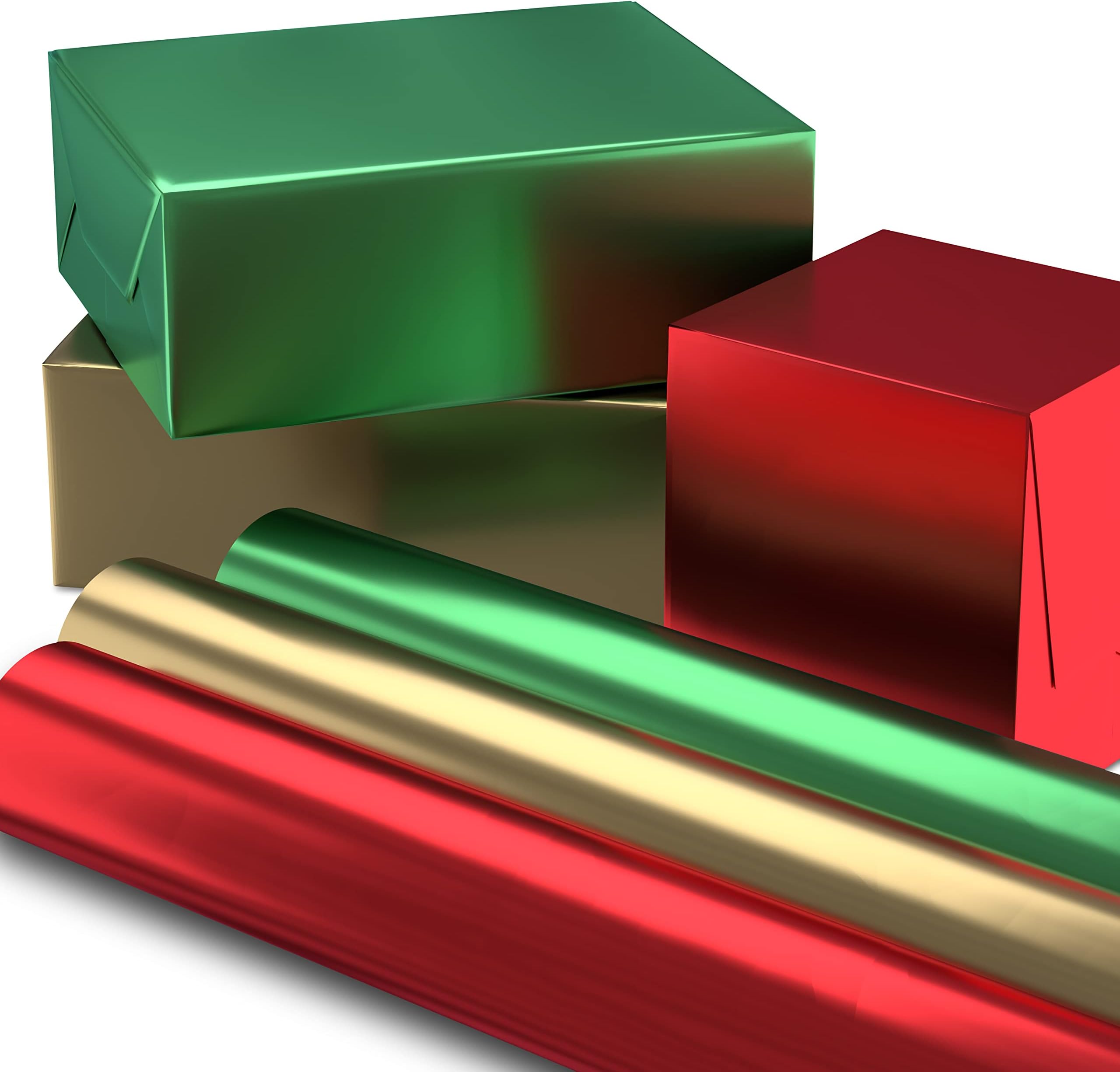 Christmas Wrapping Paper Rolls - Solid Red, Green, Gold Metallic Foil Gift Wrap Paper (Set of 3 Rolls: 60 sq. ft. ttl.) for Holiday Parties, Hanukkah, Winter Weddings