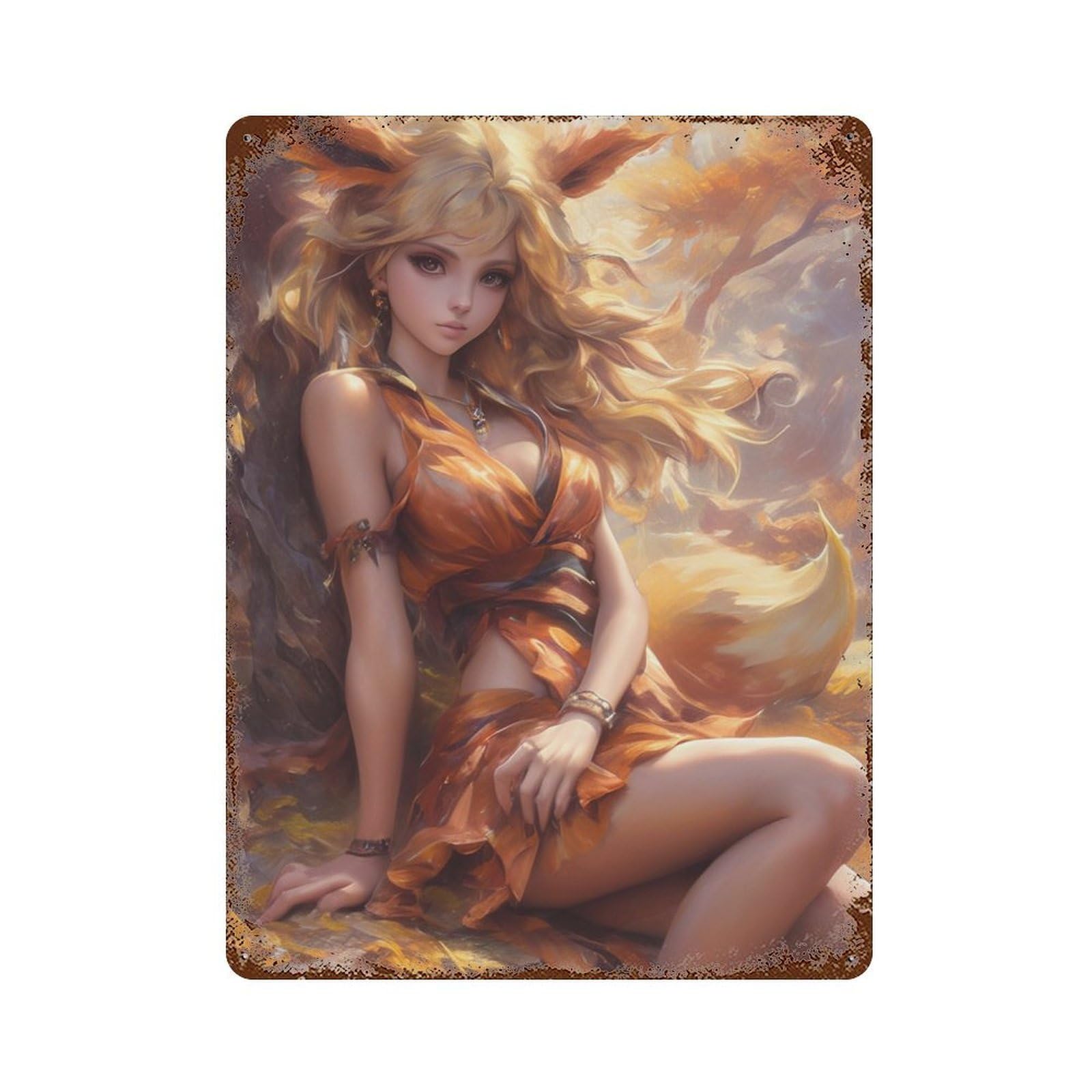 Fox Spirit Elegance Dress Rust Effect Tin Sign 15.7"x11.8", Farmhouse Wall Decor for Living Room, Hallway And Home Decor