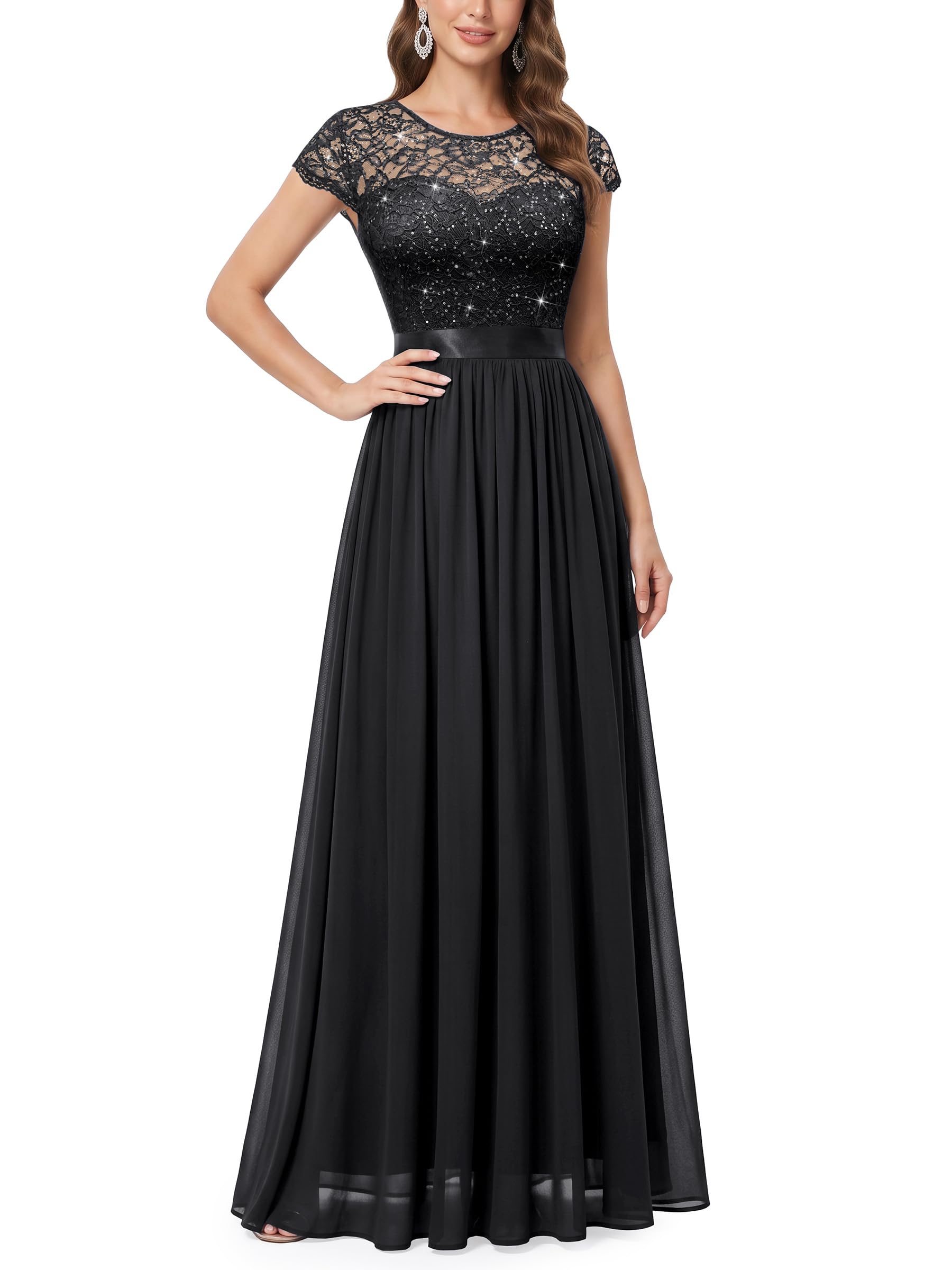 Miusol Women's Classy Scoop Neck Sequin Lace Contrast Bridesmaid Party Maxi Dress