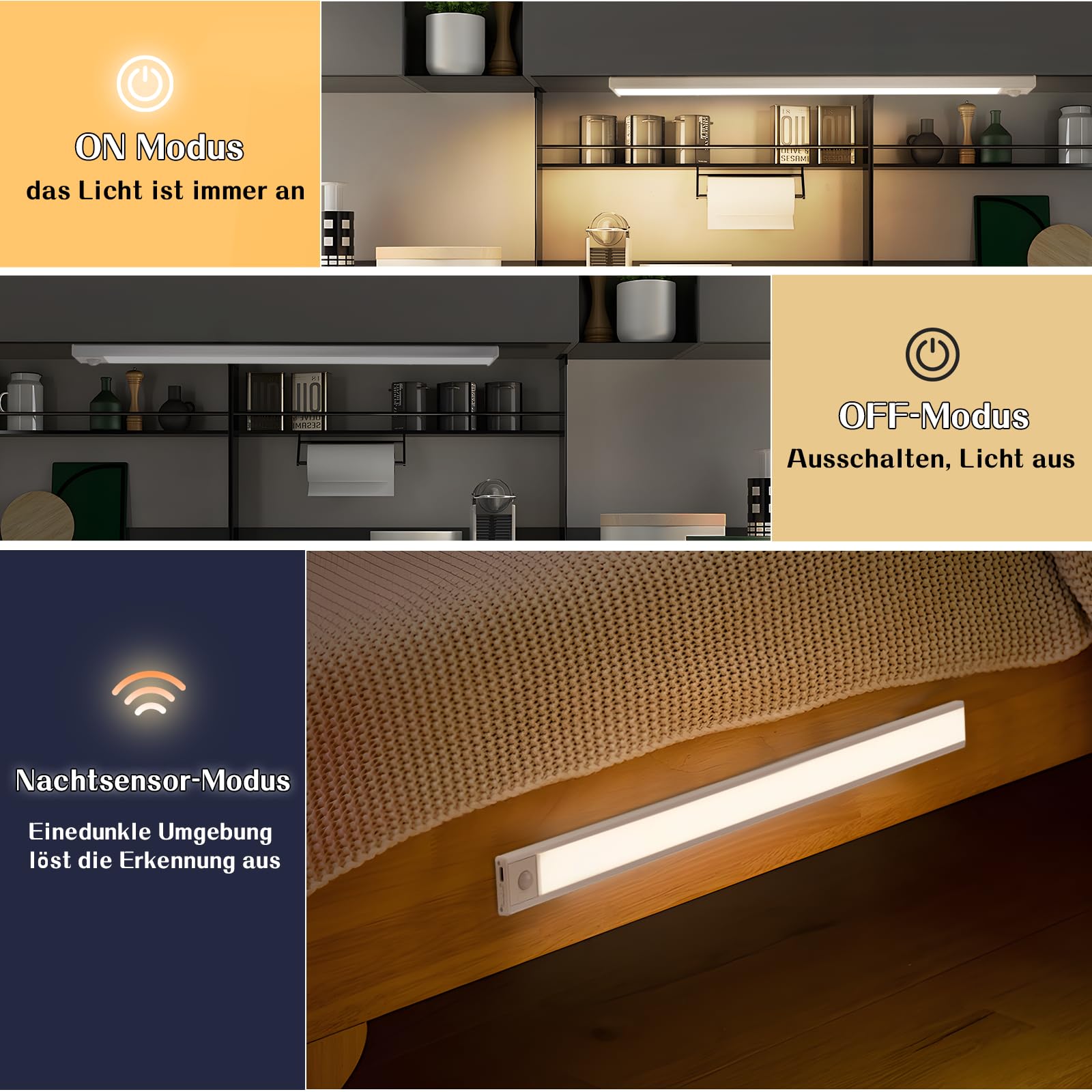 Homefire Unterbauleuchte Küche Led mit Bewegungsmelder 40CM 4 Stück Silber | Schrankbeleuchtung Dimmbar 3 Farbtemperatur Schrankleuchte USB 1500mAh*2 Wiederaufladbar Treppenlicht für Schlafzimmer Flur