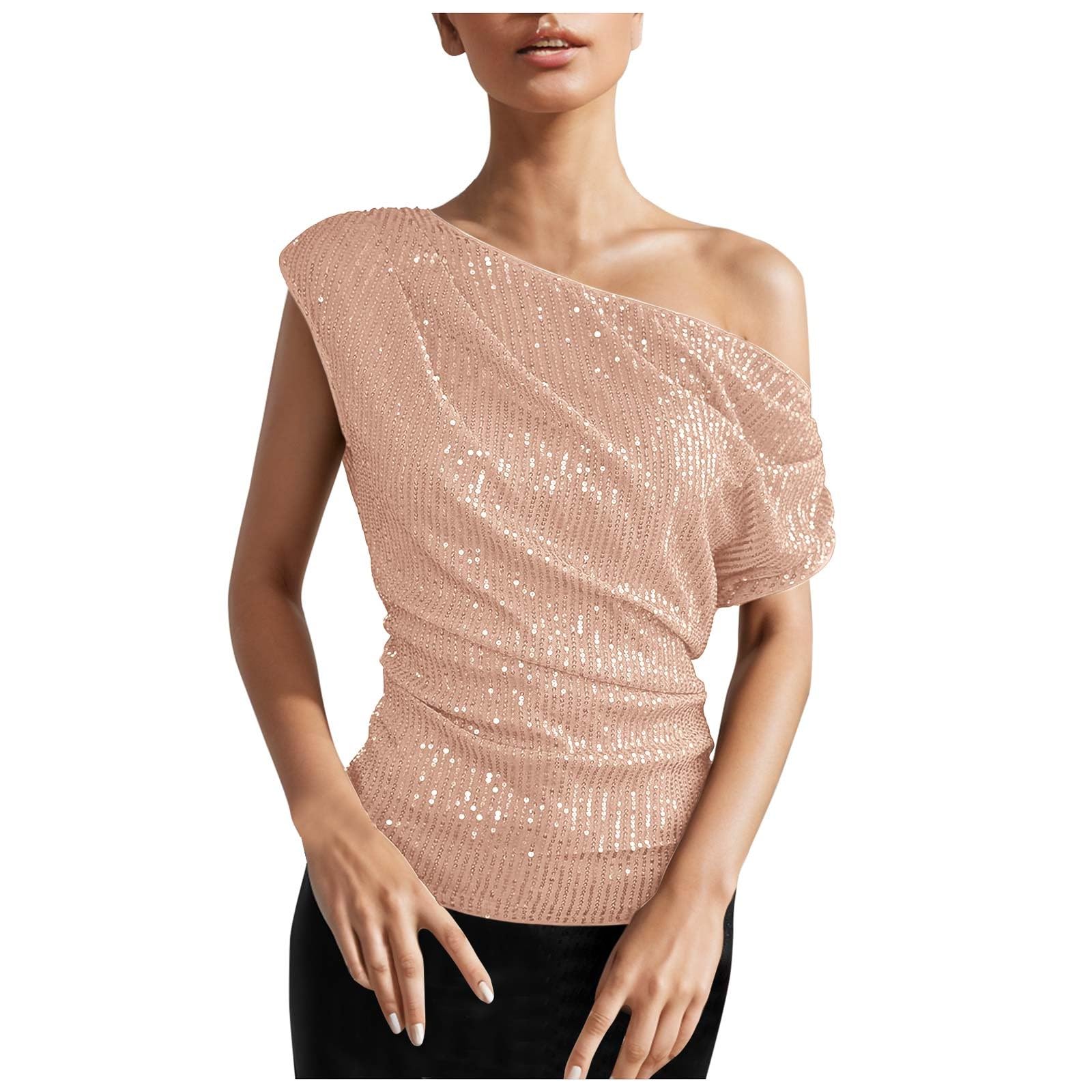 KBOPLEMQ Camiseta para mujer con hombros descubiertos, parte superior sexy con purpurina, blusa de lentejuelas, elegante, fiesta, brillante, blusa brillante, blusa para mujer, informal, sin mangas, túnica,