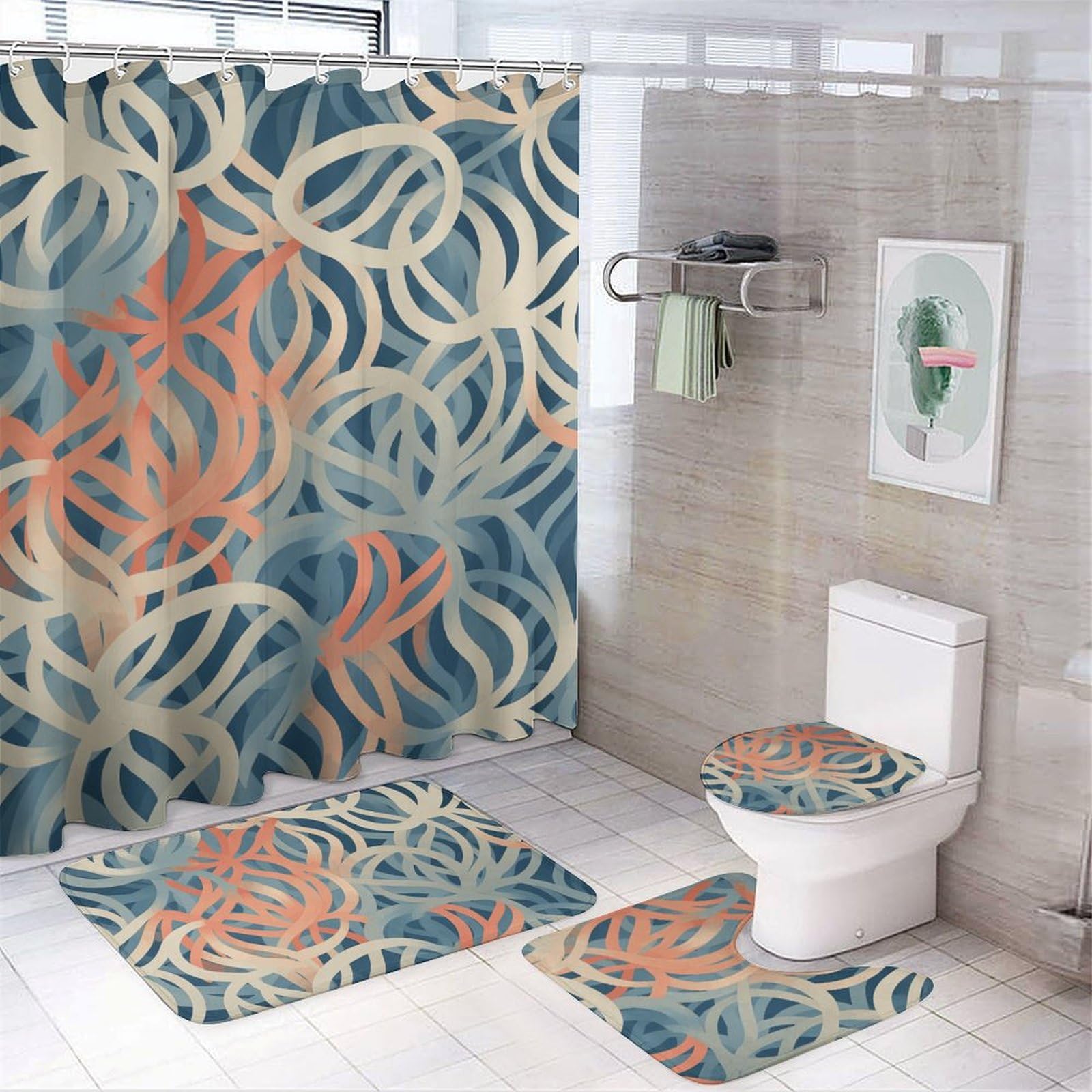 Rideaux de douche corail avec tapis antidérapants pour salle de bain fraîche