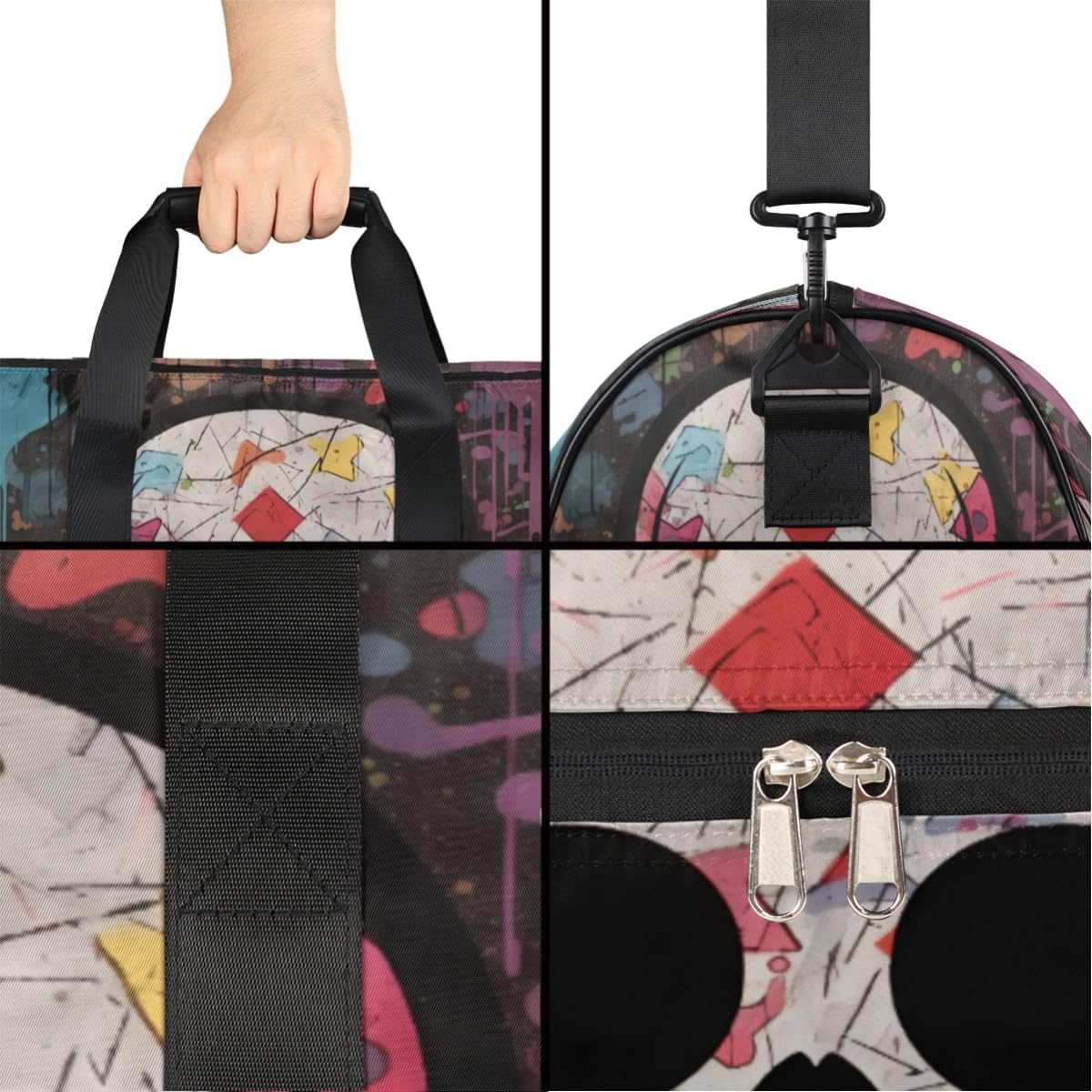 Personalized Gym Bag for Boys Men, Custom Sports Travel Duffle Bag with Shoes Compartment, Customized Girls Dance Bag Weekender Overnight Bag for Women Kids, Colorful Art Cool Skull