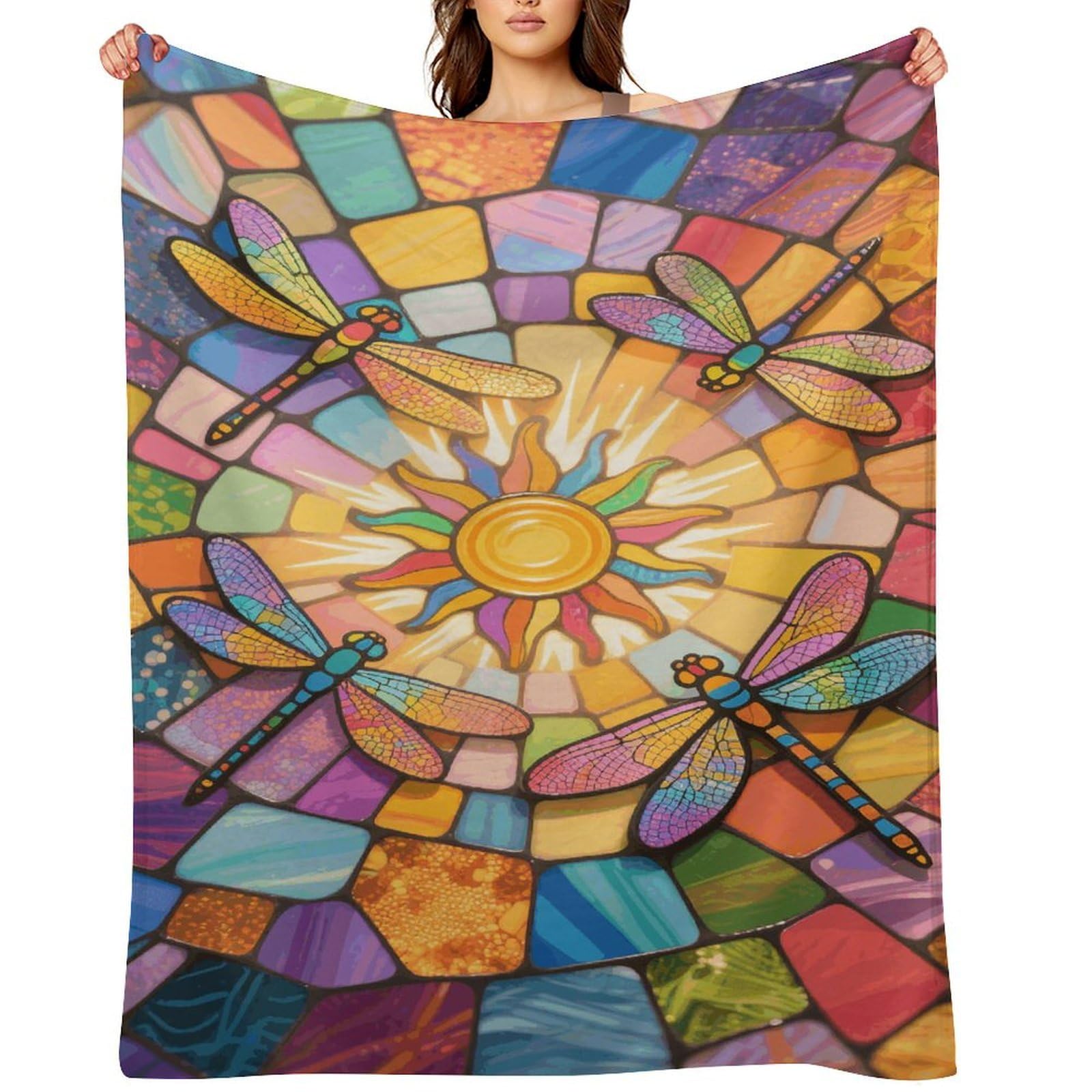 Stained Glass Dragonfly Throw Blanket for Couch and Bed Super Soft Warm Lightweight Throw Blankets Cozy Fuzzy Flannel Blanket Personalized Decorative Blankets for Sofa Decor 60"x80"