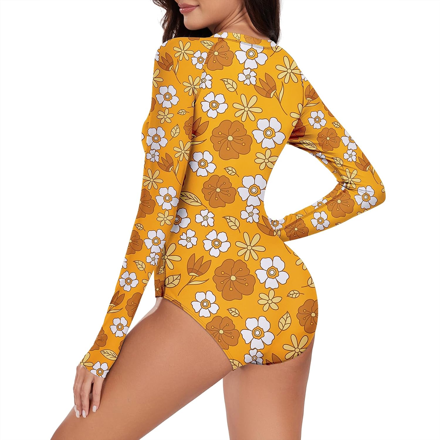 Century Star Long Sleeve Swimsuits for Women Rash Guard Swimsuit Surfing Modest Swimsuit One Piece Full Coverage High Neck Athletic Zipper Floral Printed Bathing Suit Swimwear Yellow White Flower 0-2