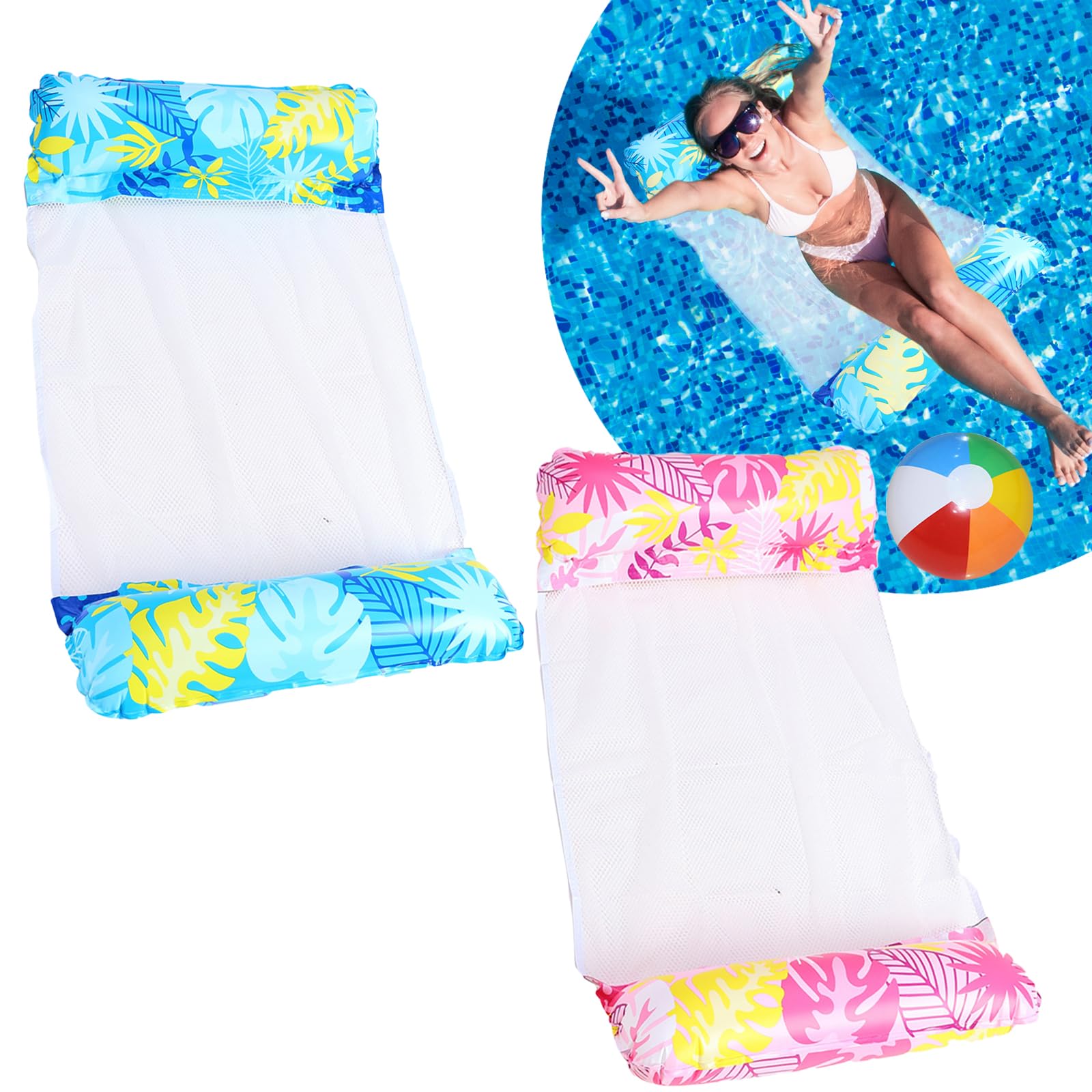 2 Pack Pool Float Water Hammock for Adults, Inflatable hammock for Swimming Pool Float, 4-in-1Multi-Purpose Inflatable Hammock Bed Raft Recliner Float Lounger with a Manual Air Pump