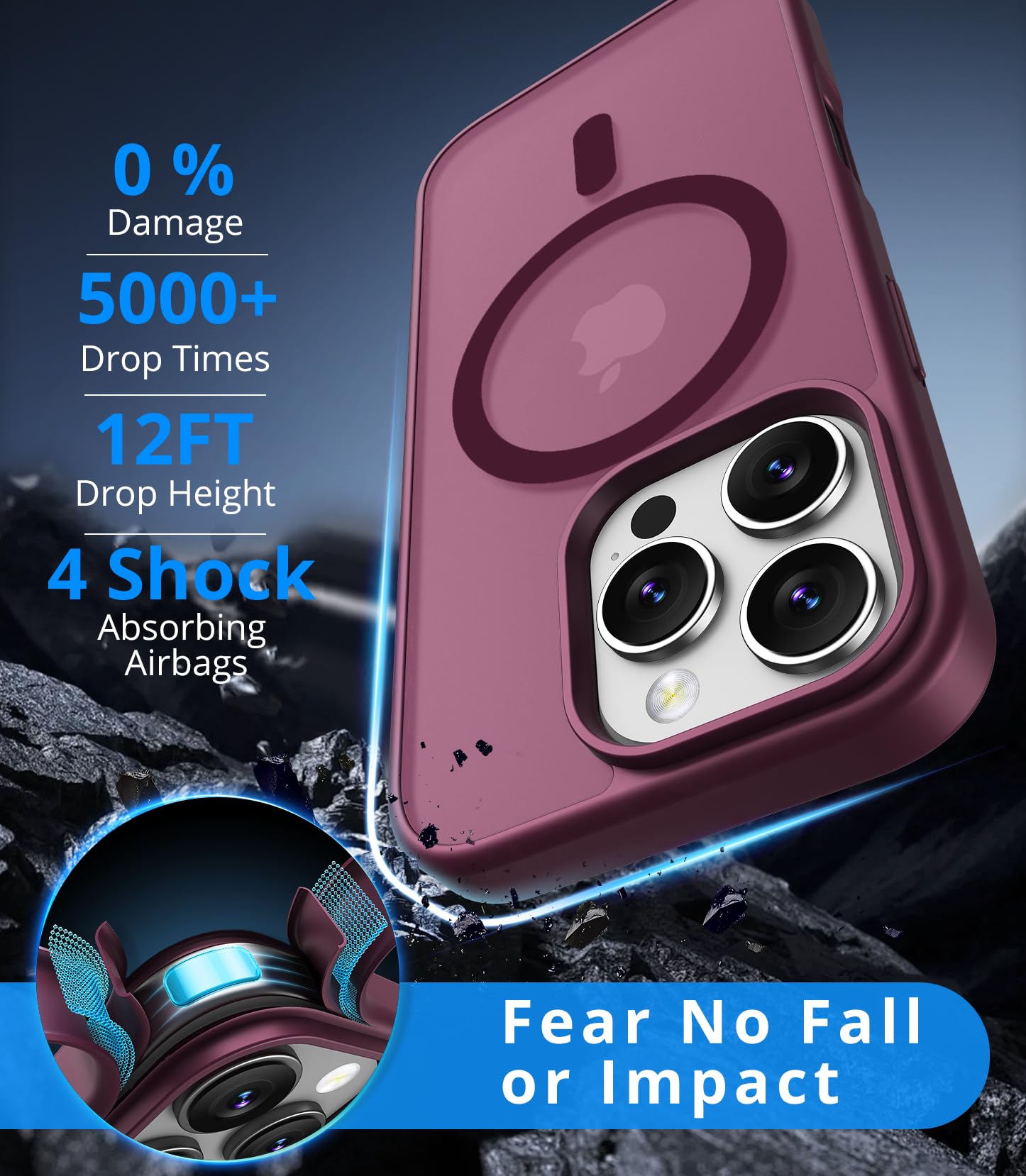 Vansdon Cover Magnetica per iPhone 16 Pro con 1 Pezzi Vetro Temperato, Compatibile con Magsafe, Protezione anticaduta di livello militare, Custodia Traslucida Opaca Sottile Antiurto-Bordeaux